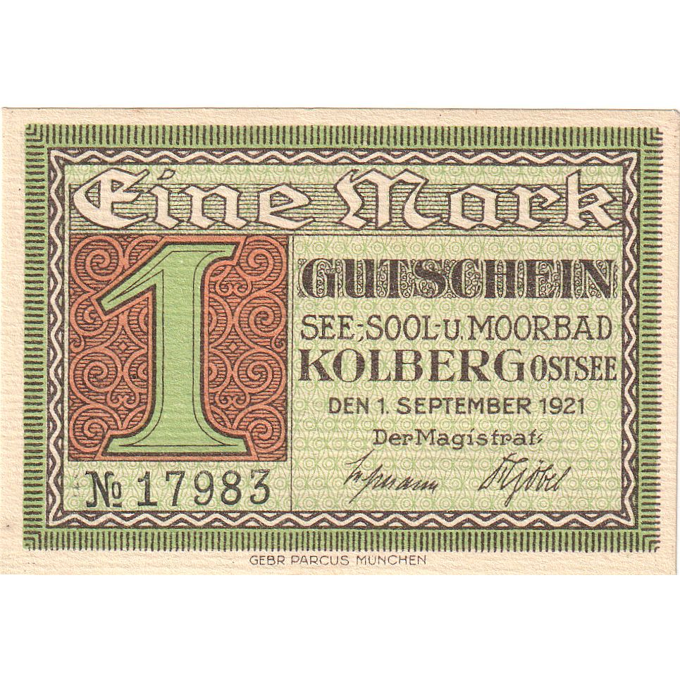 Banconote, Germania, Kolberg, 1 Mark, personnage, 1921, 1921-09-01, SPL