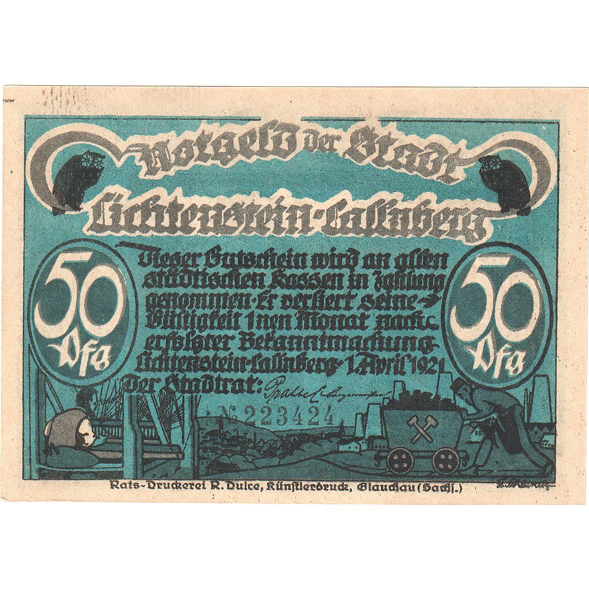 Banconote, Germania, Lichtenstein Callnberg, 50 Pfennig, personnage, 1921