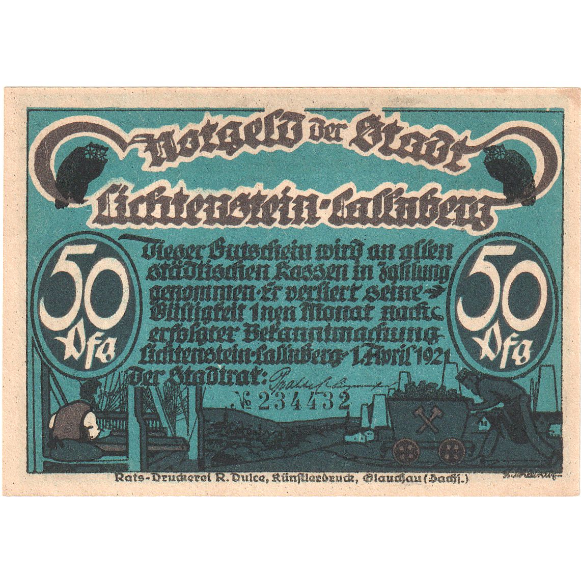 Banknote, Germany, Lichtenstein Callnberg, 50 Pfennig, personnage, 1921