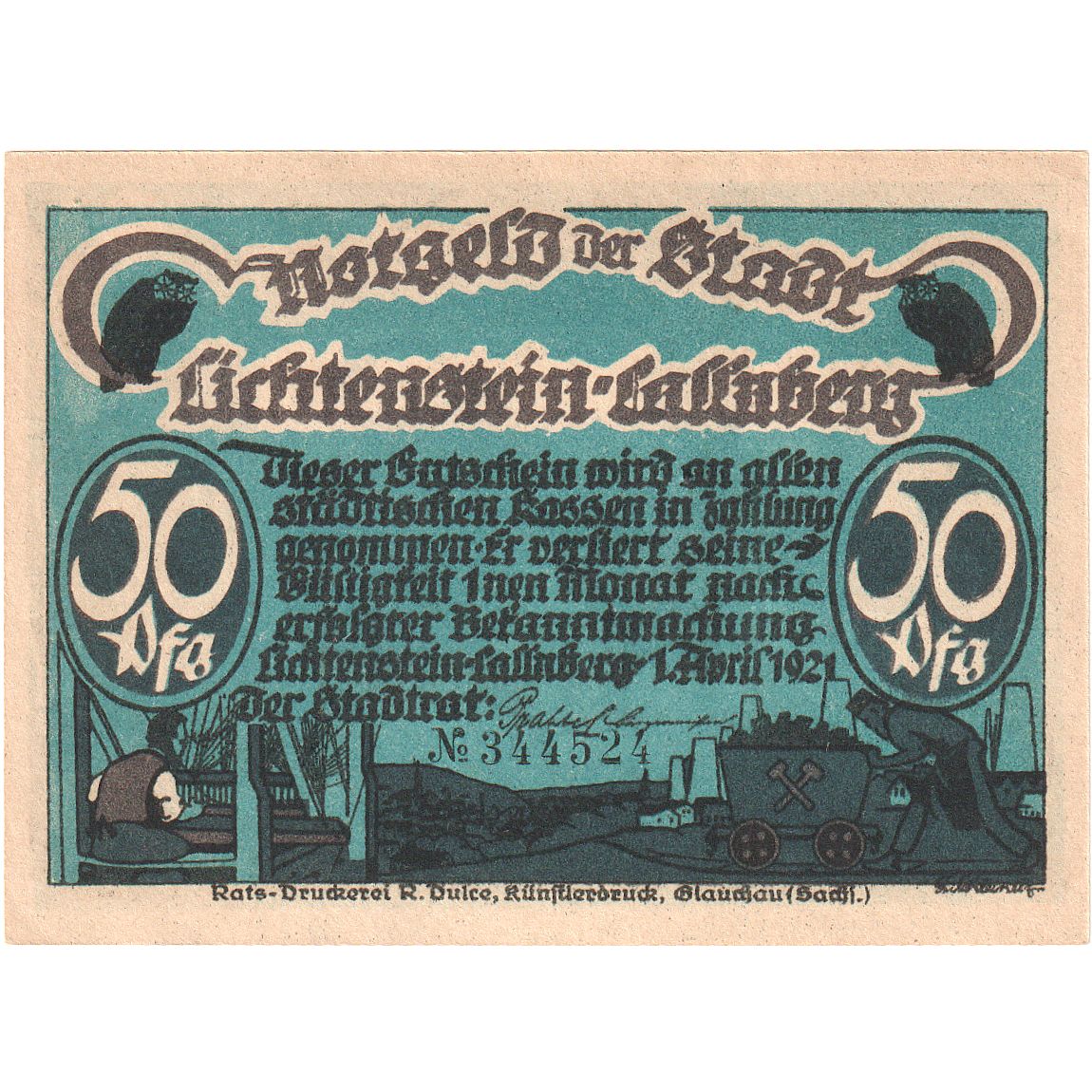 Banknote, Germany, Lichtenstein Callnberg, 50 Pfennig, personnage, 1921