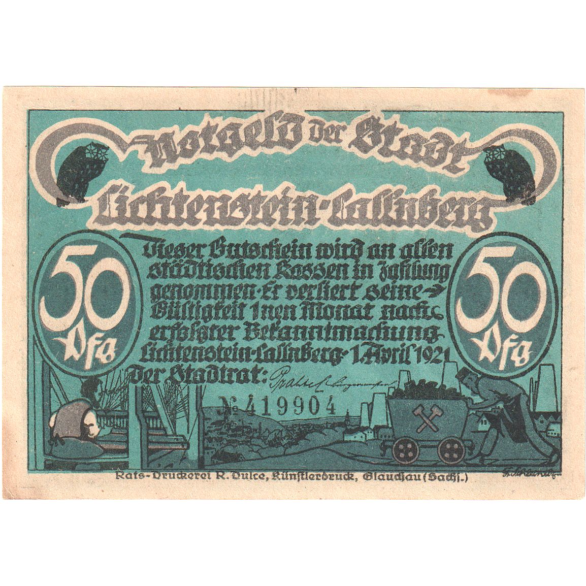 Banknote, Germany, Lichtenstein Callnberg, 50 Pfennig, personnage, 1921