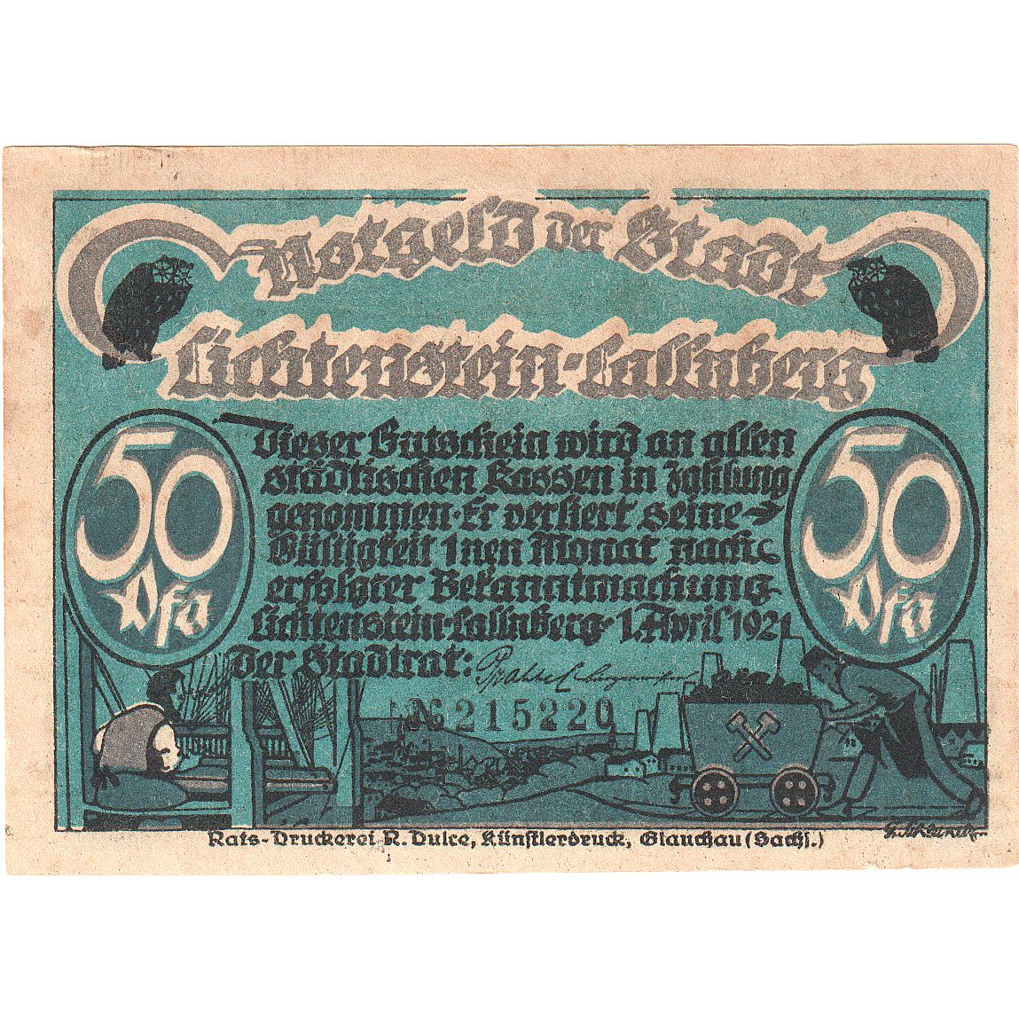 Geldschein, Deutschland, Lichtenstein Callnberg, 50 Pfennig, personnage, 1921
