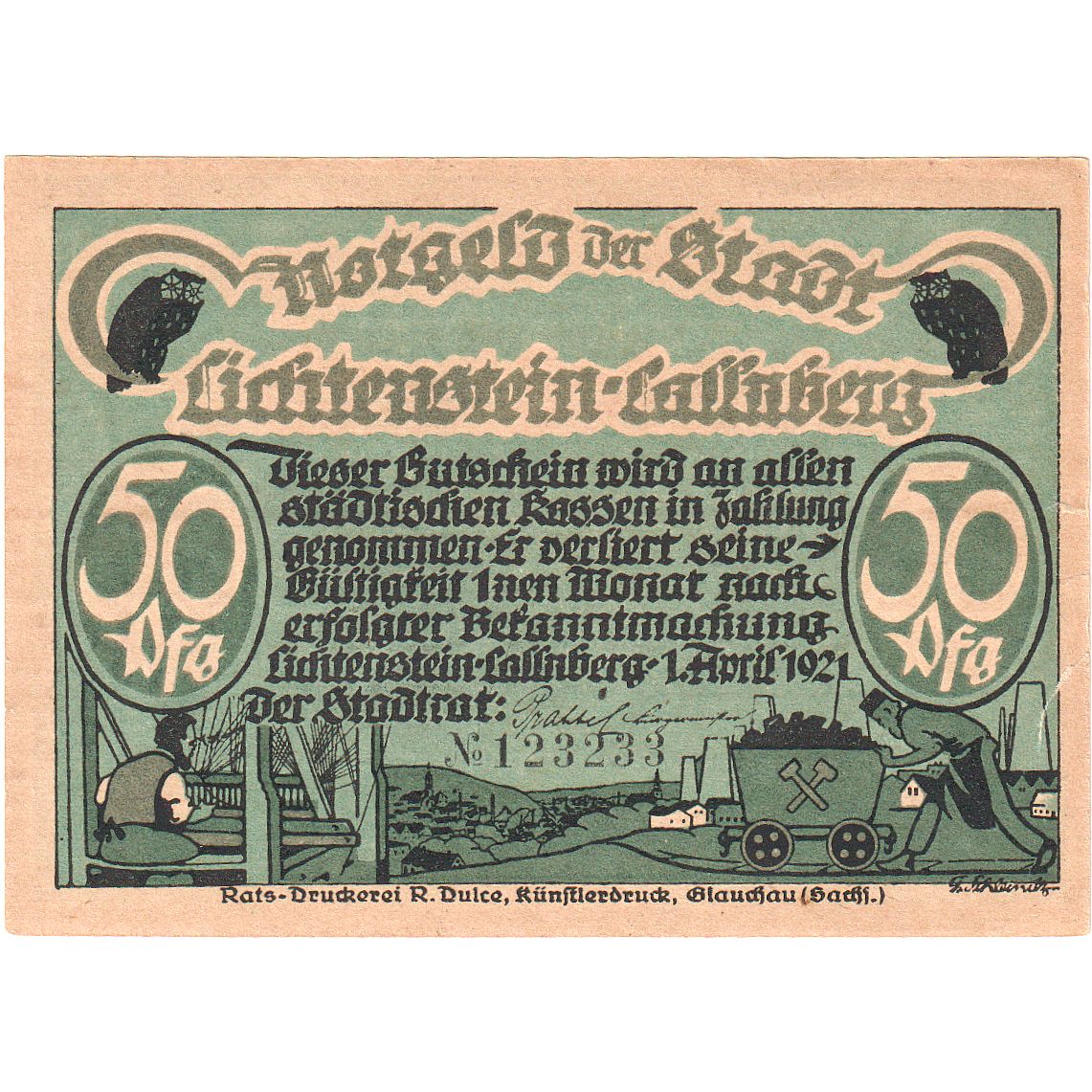 Banknote, Germany, Lichtenstein Callnberg, 50 Pfennig, personnage, 1921