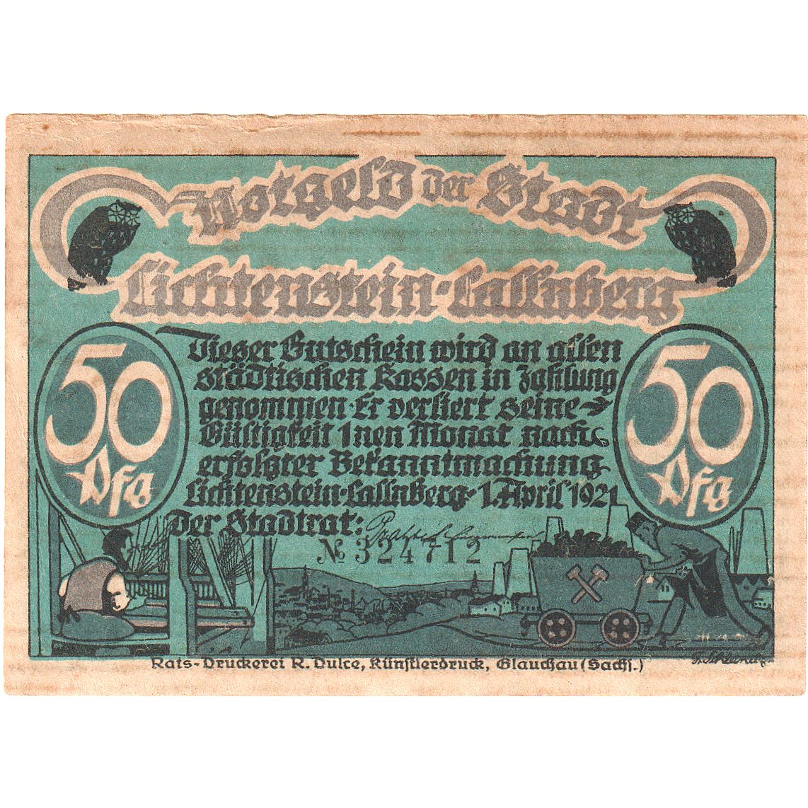 Banconote, Germania, Lichtenstein Callnberg, 50 Pfennig, personnage, 1921