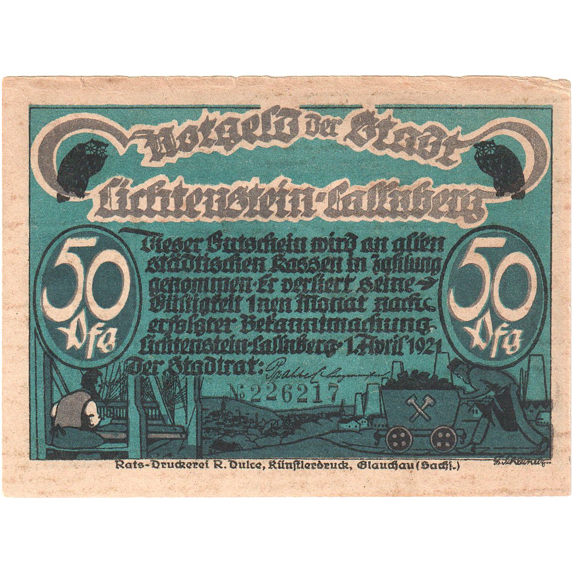 Billete, Alemania, Lichtenstein Callnberg, 50 Pfennig, personnage, 1921