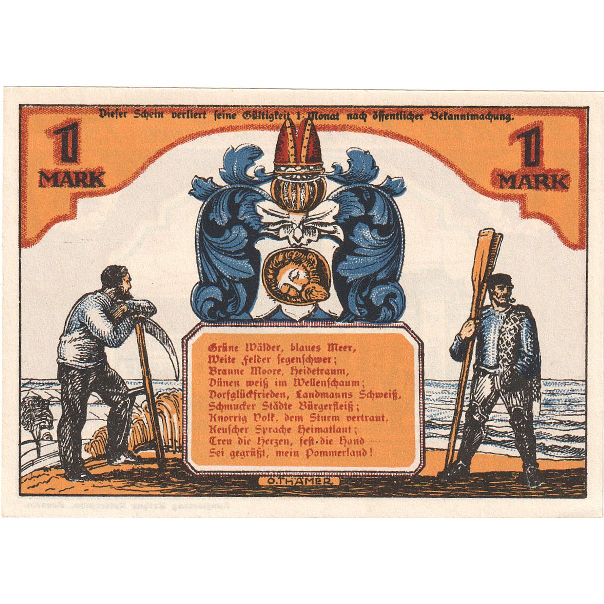 Banconote, Germania, Köslin Stadt, 1 Mark, personnage, 1921, FDS, Mehl:735.1