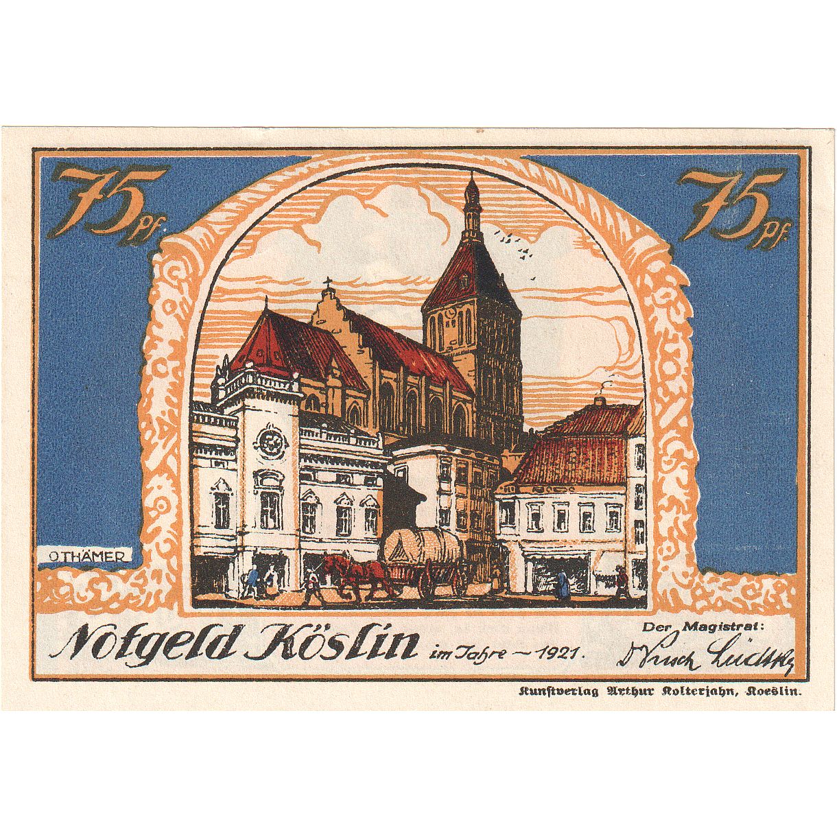 Banconote, Germania, Köslin Stadt, 75 Pfennig, personnage, 1921, FDS
