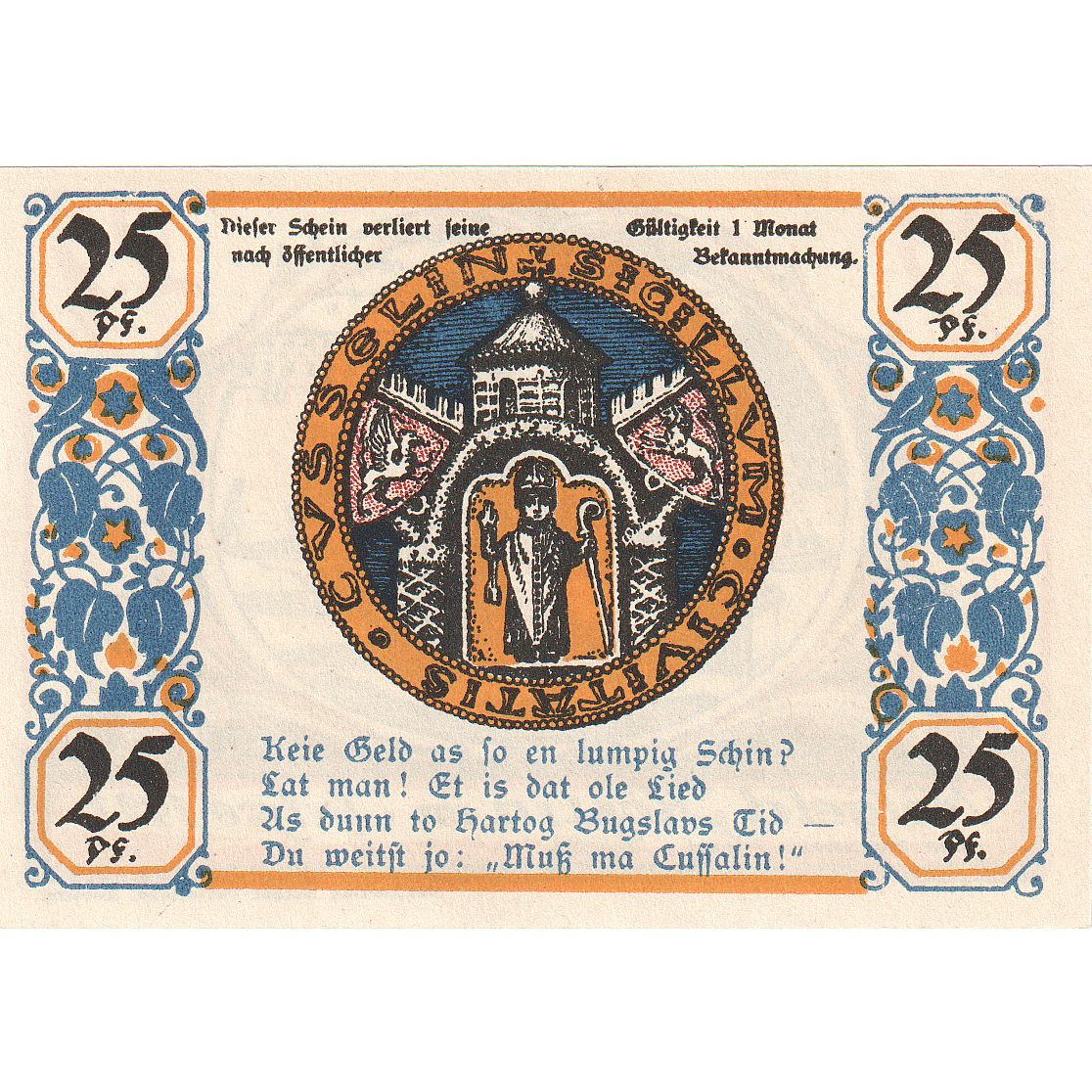 Banconote, Germania, Köslin Stadt, 25 Pfennig, Monument, 1921, SPL, Mehl:735.1