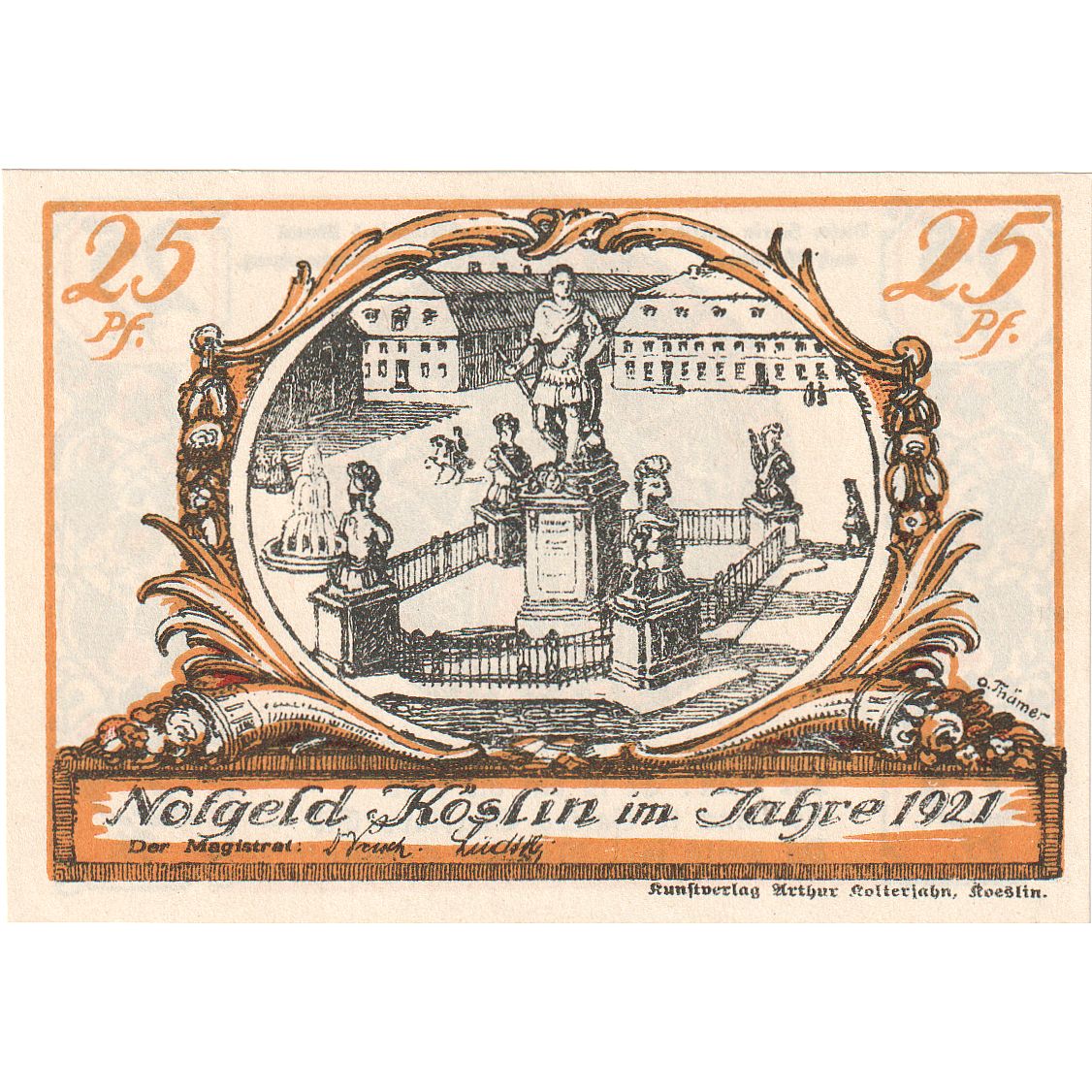 Banconote, Germania, Köslin Stadt, 25 Pfennig, Monument, 1921, SPL, Mehl:735.1