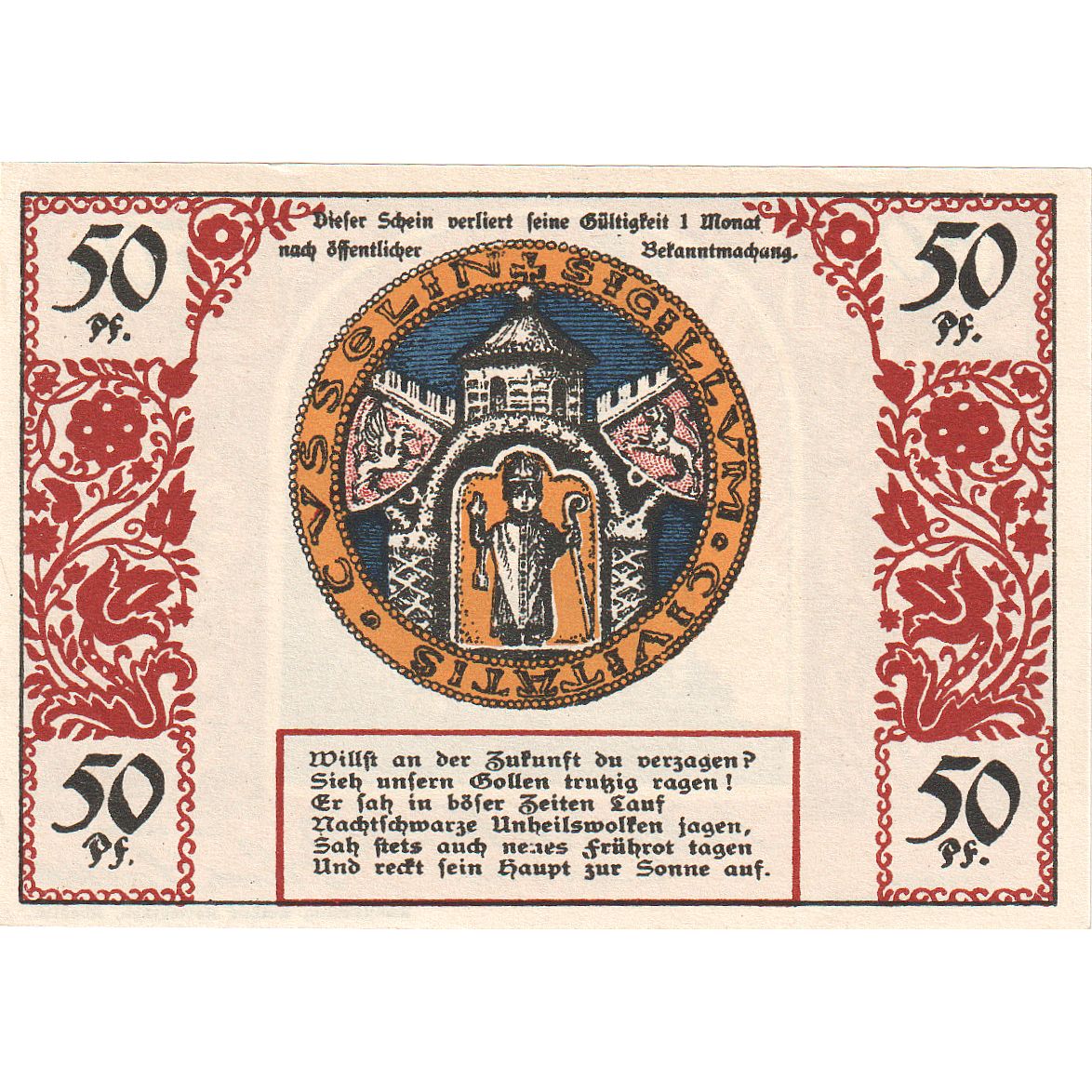 Banconote, Germania, Köslin Stadt, 50 Pfennig, Monument, 1921, SPL, Mehl:735.1