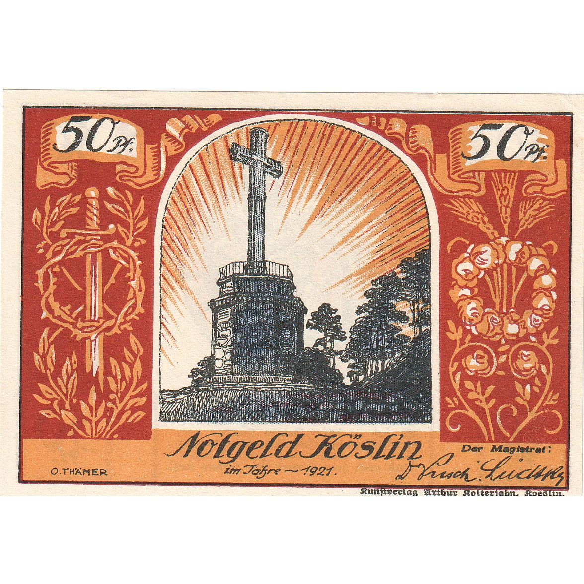 Banconote, Germania, Köslin Stadt, 50 Pfennig, Monument, 1921, SPL, Mehl:735.1