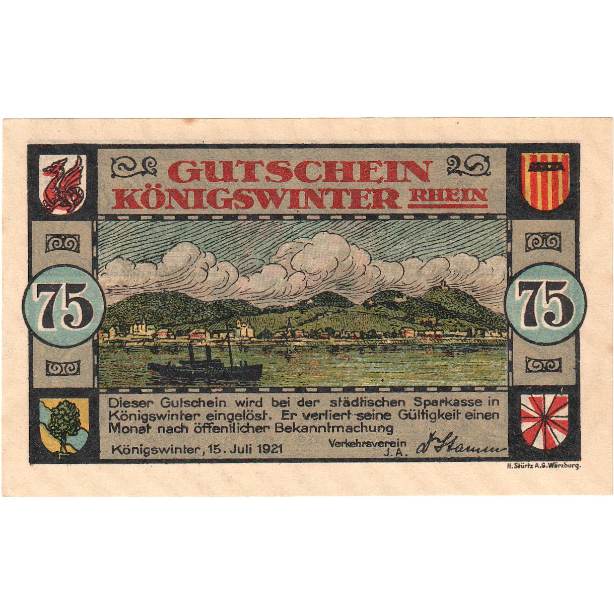 Banconote, Germania, Königswinter, 75 Pfennig, château, 1921, 1921-07-15, FDS