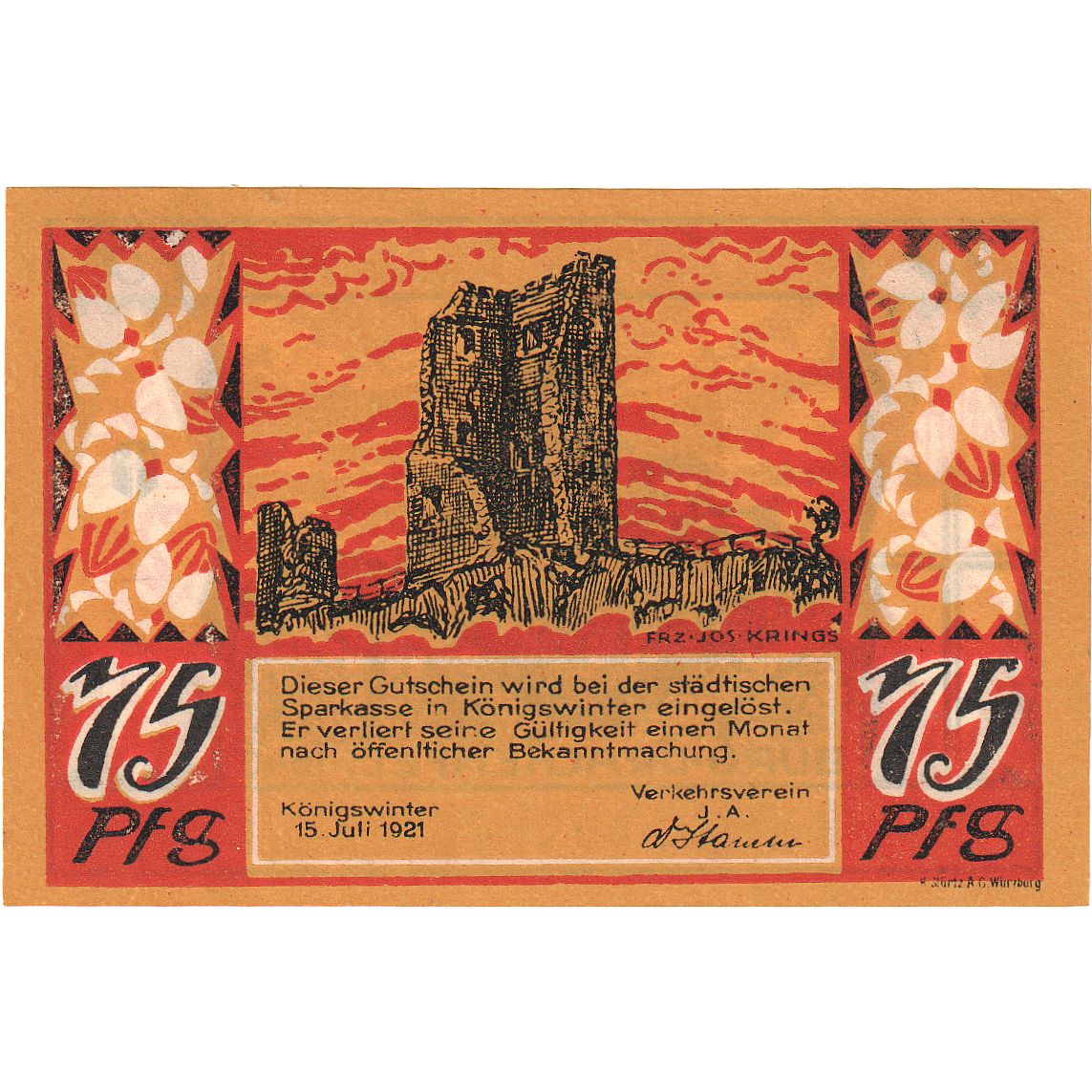 Geldschein, Deutschland, Königswinter, 75 Pfennig, château, 1921, 1921-07-15