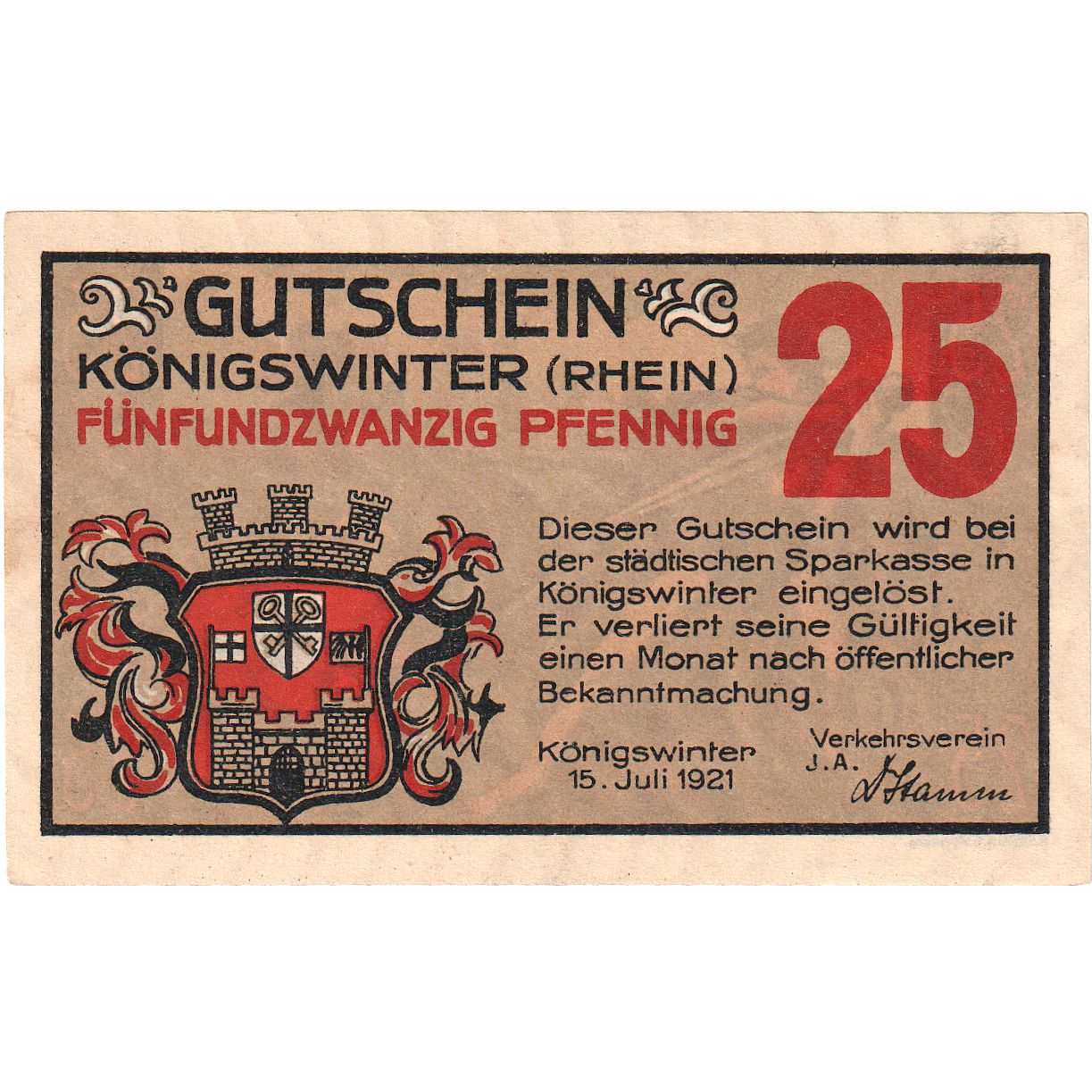 Banconote, Germania, Königswinter, 25 Pfennig, guerrier, 1921, 1921-07-15, FDS