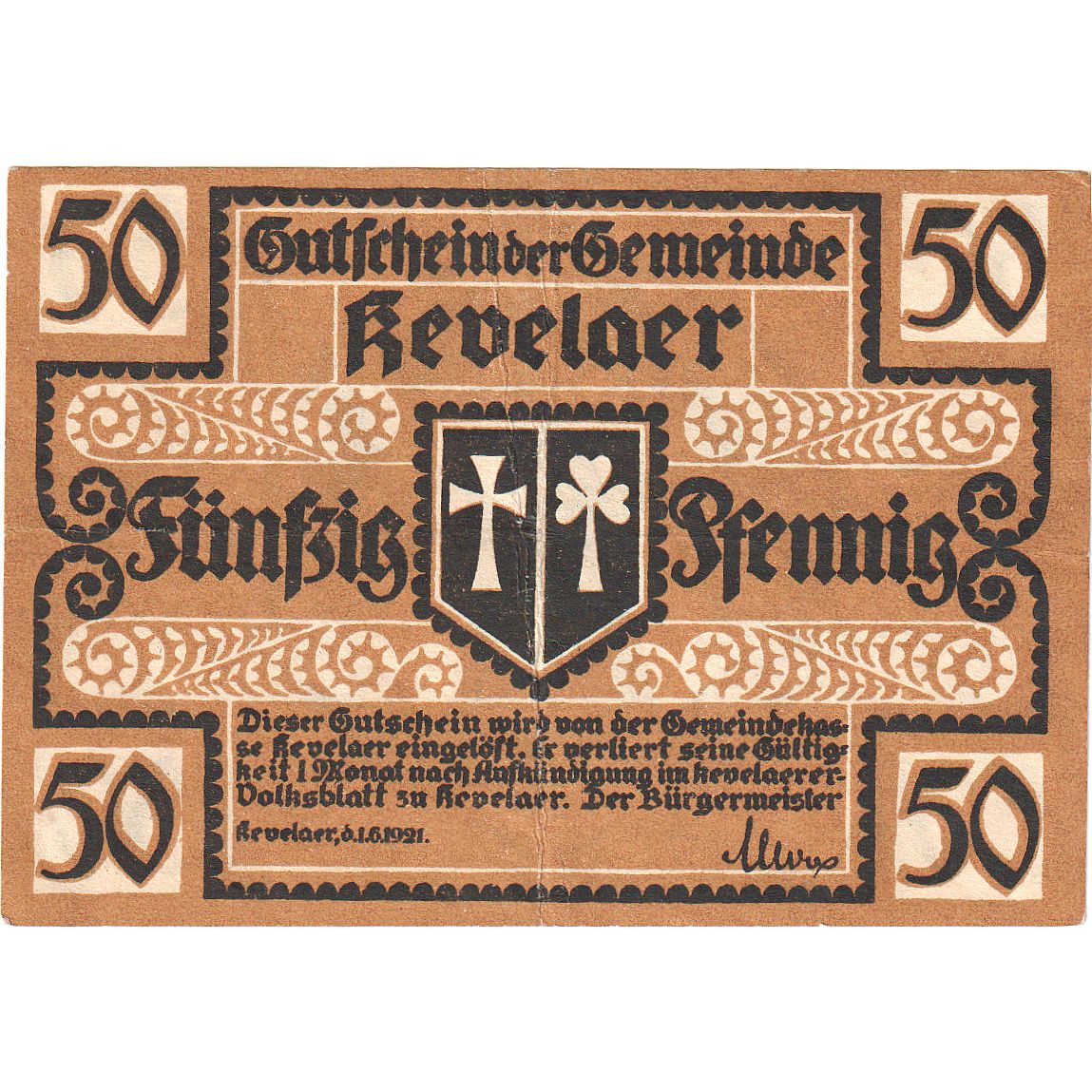 Geldschein, Deutschland, Kevelaer, 50 Pfennig, personnage, 1921, 1921-06-01