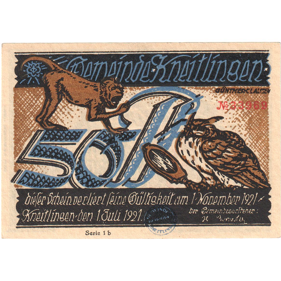 Banknot, Niemcy, Kneitlingen Gemeinde, 50 Pfennig, Animaux, 1921, 1921-11-01
