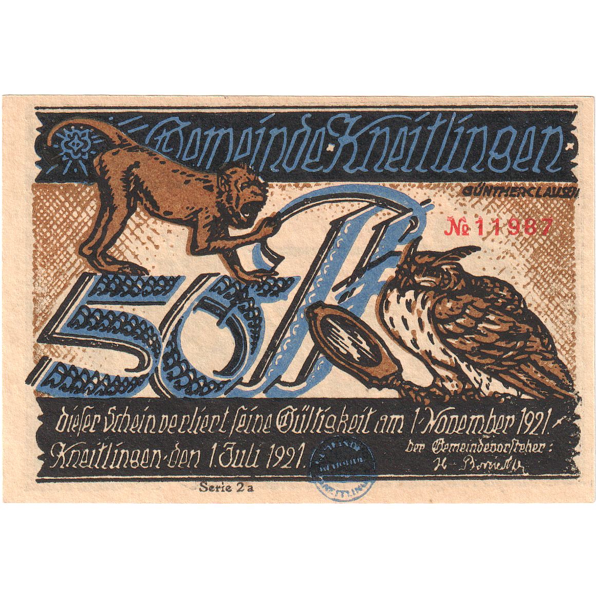Geldschein, Deutschland, Kneitlingen Gemeinde, 50 Pfennig, personnage, 1921