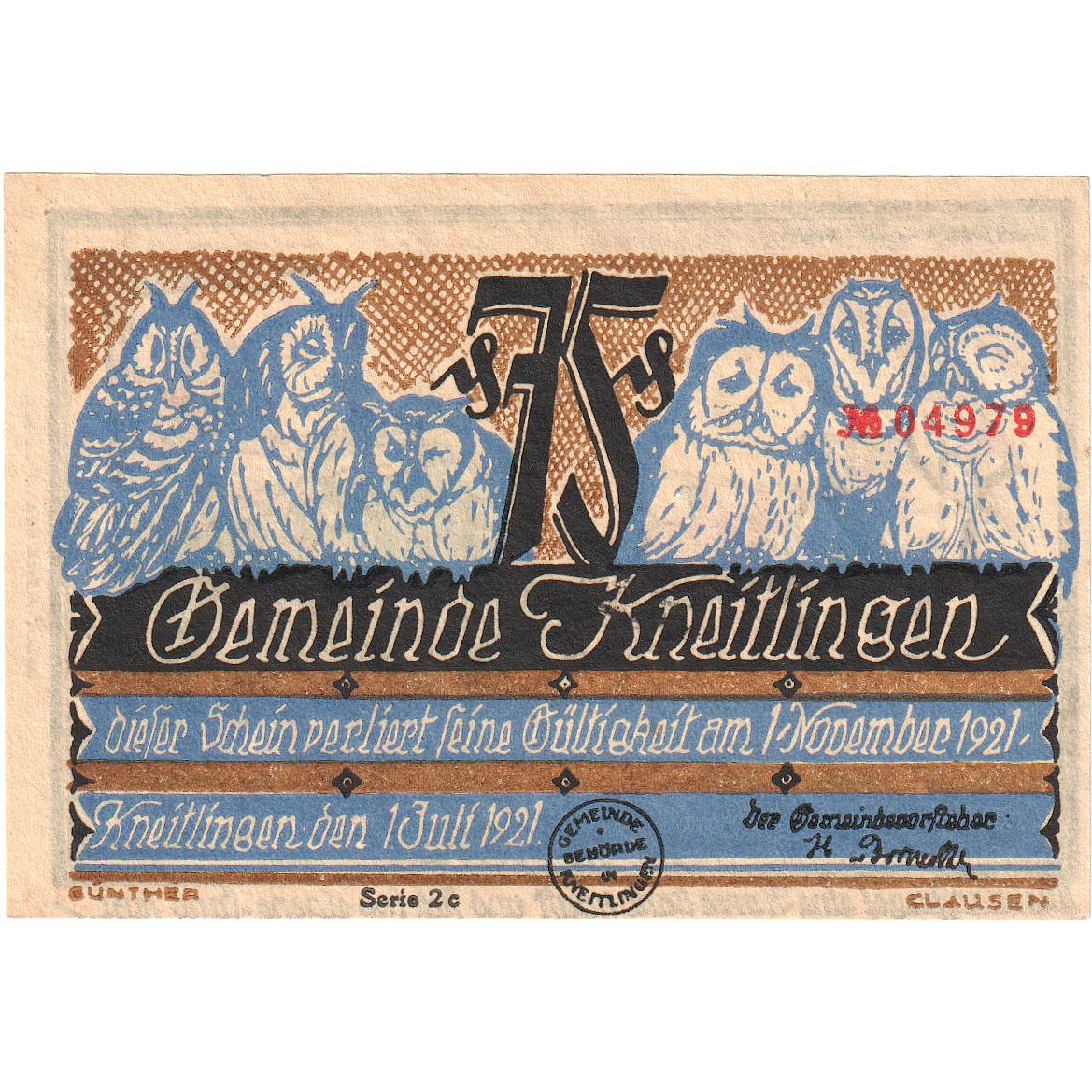 Banconote, Germania, Kneitlingen Gemeinde, 75 Pfennig, personnage, 1921