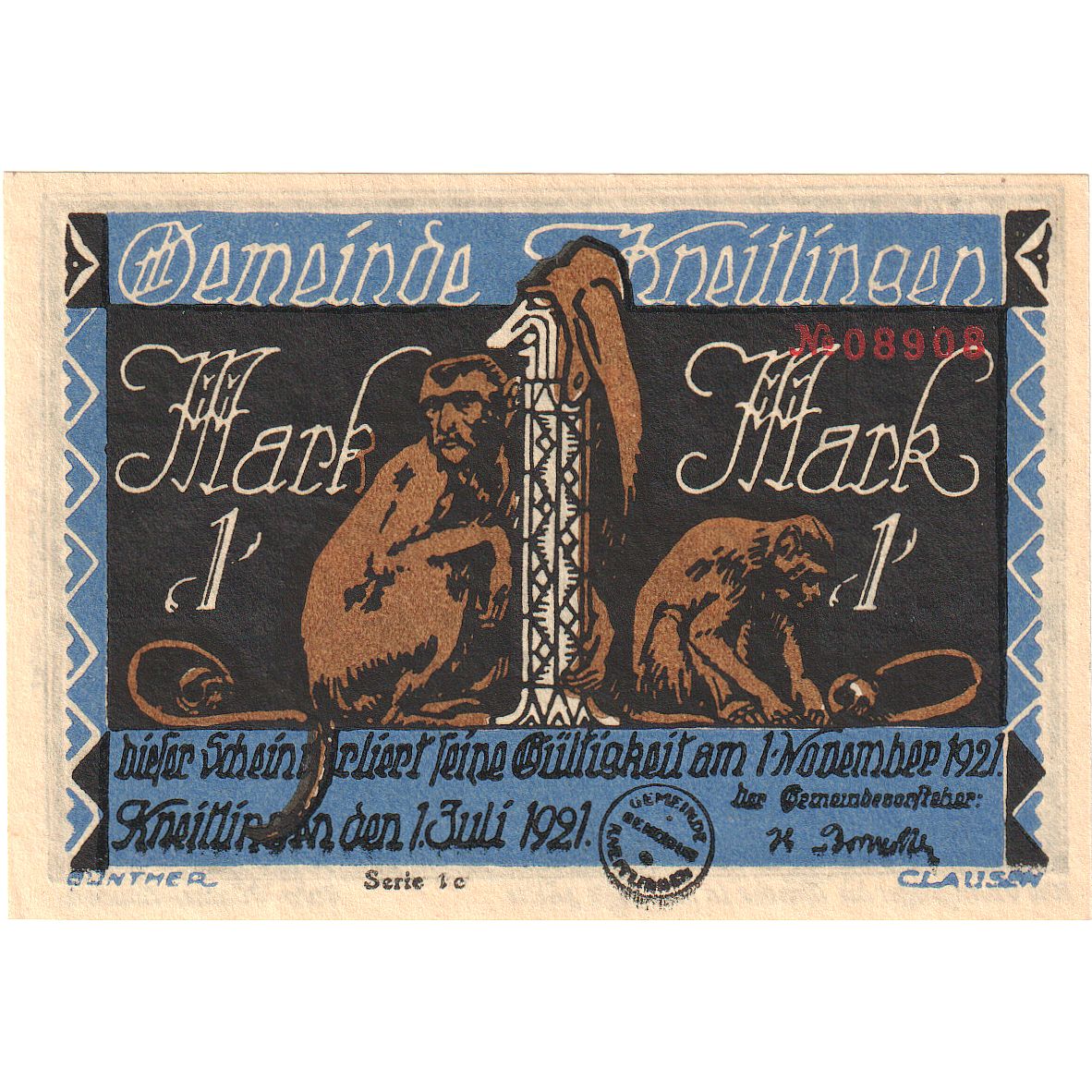 Banknot, Niemcy, Kneitlingen Gemeinde, 1 Mark, personnage, 1921, 1921-11-01