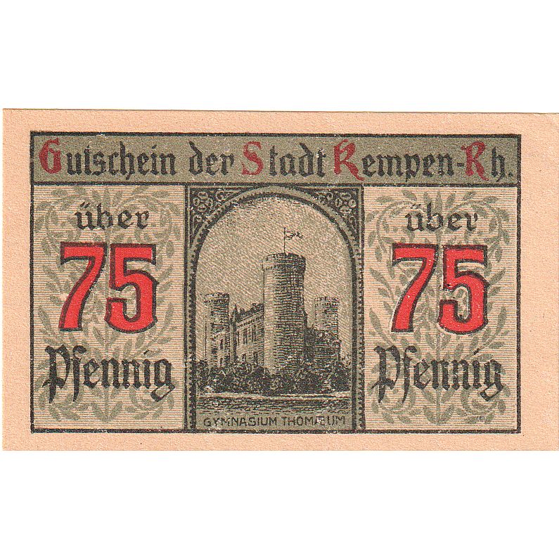 Banknot, Niemcy, Kempen, 75 Pfennig, château, 1920, 1920-03-09, UNC(63)