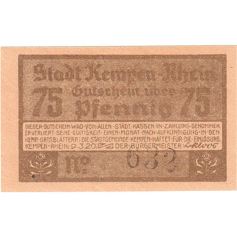 Banknot, Niemcy, Kempen, 75 Pfennig, château, 1920, 1920-03-09, UNC(63)