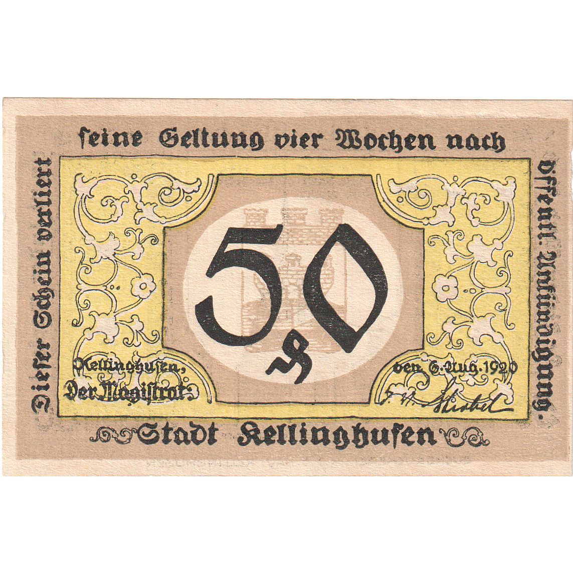 Banconote, Germania, Kellinghusen, 50 Pfennig, Eglise, 1920, 1920-08-06, SPL