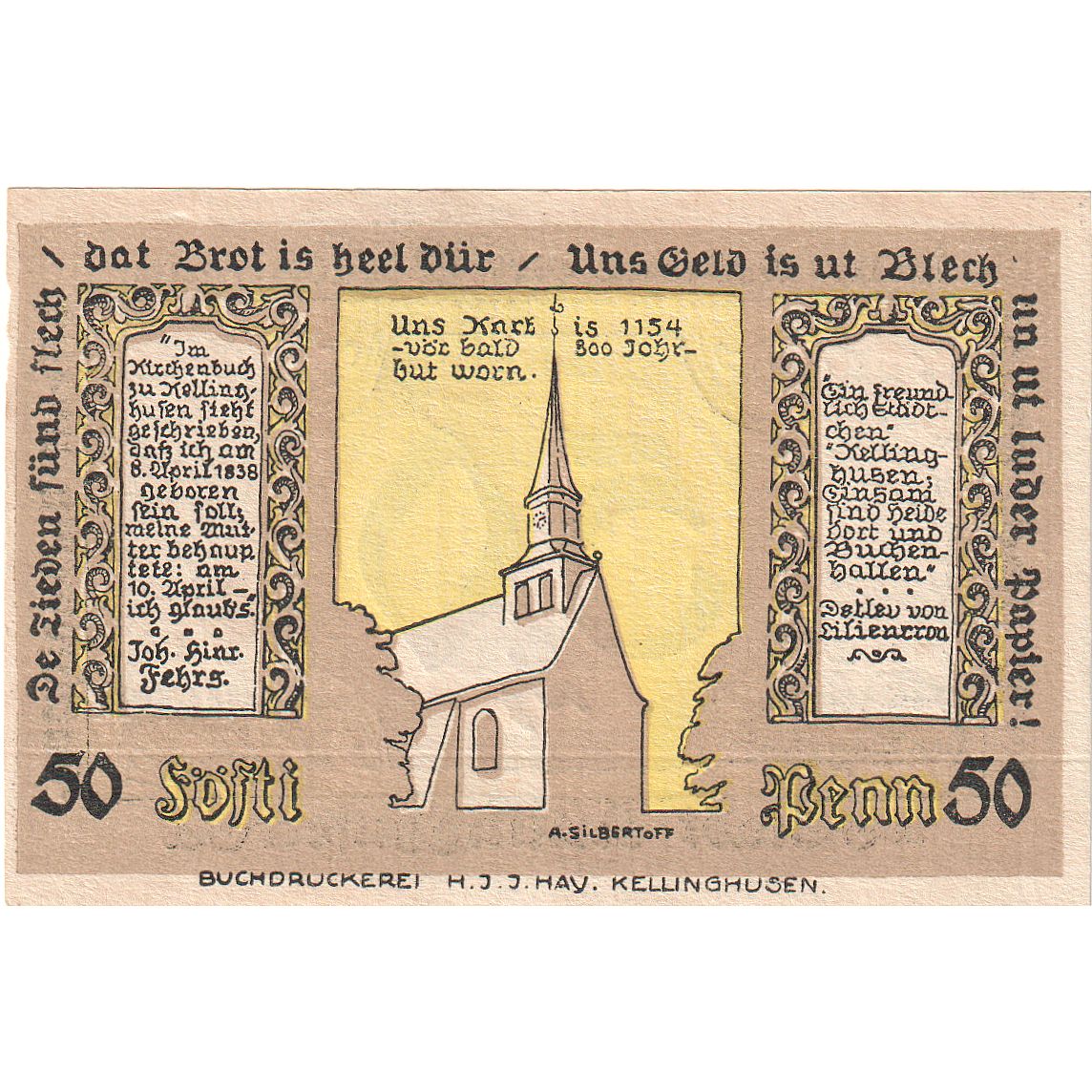 Banconote, Germania, Kellinghusen, 50 Pfennig, Eglise, 1920, 1920-08-06, SPL