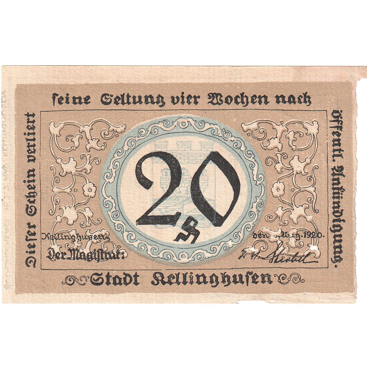 Banknot, Niemcy, Kellinghusen, 20 Pfennig, paysage, 1920, 1920-08-06, AU(55-58)