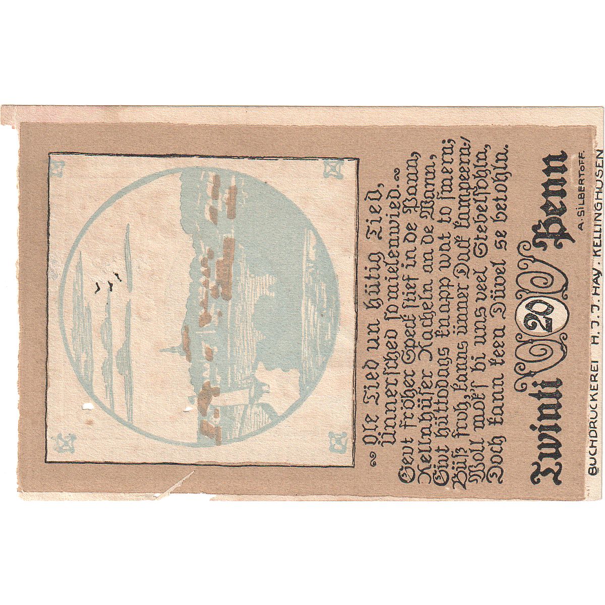 Banknot, Niemcy, Kellinghusen, 20 Pfennig, paysage, 1920, 1920-08-06, AU(55-58)