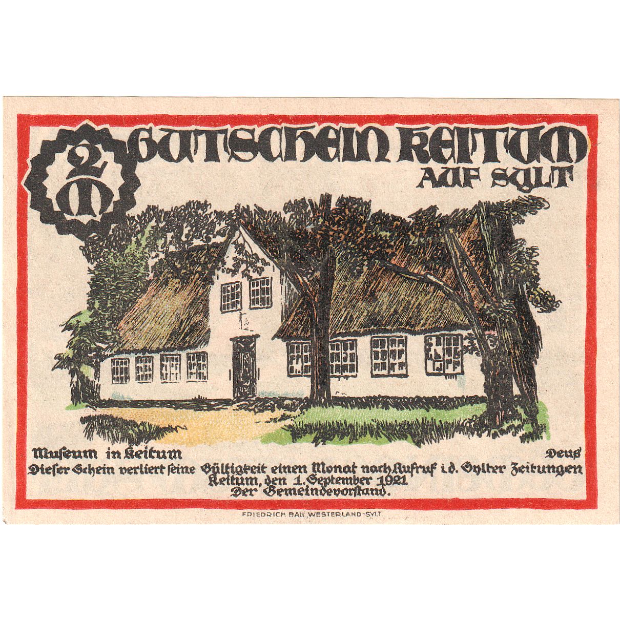 Billete, Alemania, Keitum, 2 Mark, paysage, 1921, 1921-09-01, UNC, Mehl:685.5
