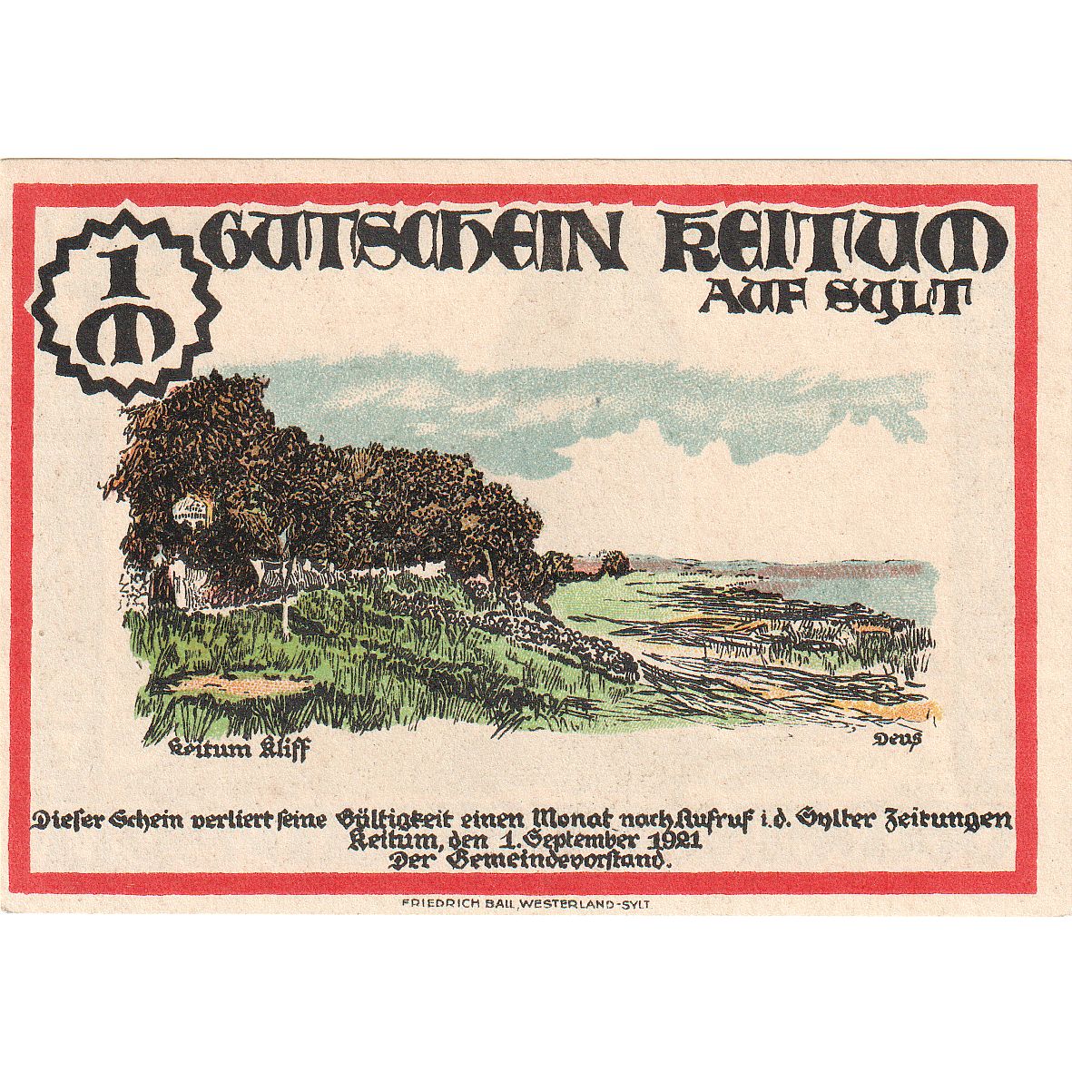 Geldschein, Deutschland, Keitum, 1 Mark, paysage, 1921, 1921-09-01, UNZ