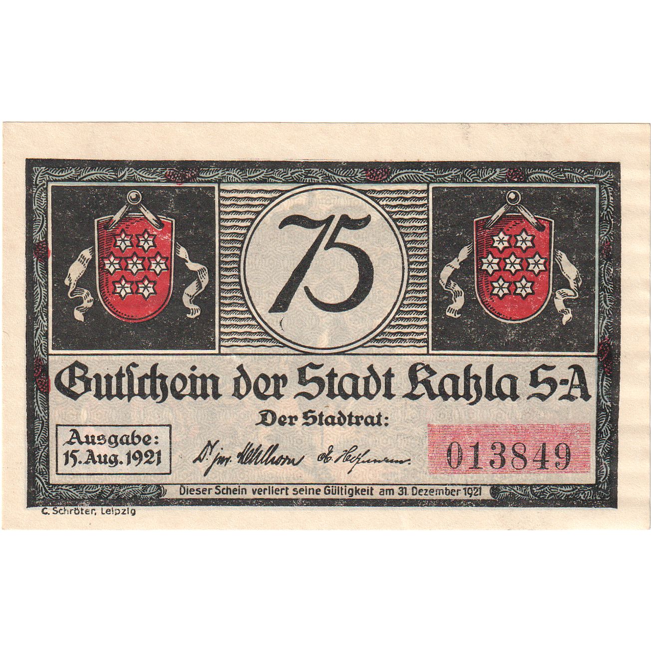 Billete, Alemania, Kahla, 75 Pfennig, personnage, 1921, 1921-08-15, SC