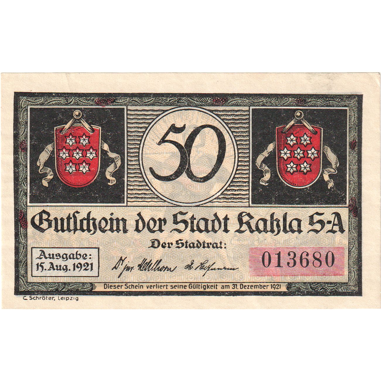 Banconote, Germania, Kahla, 50 Pfennig, personnage, 1921, 1921-08-15, SPL