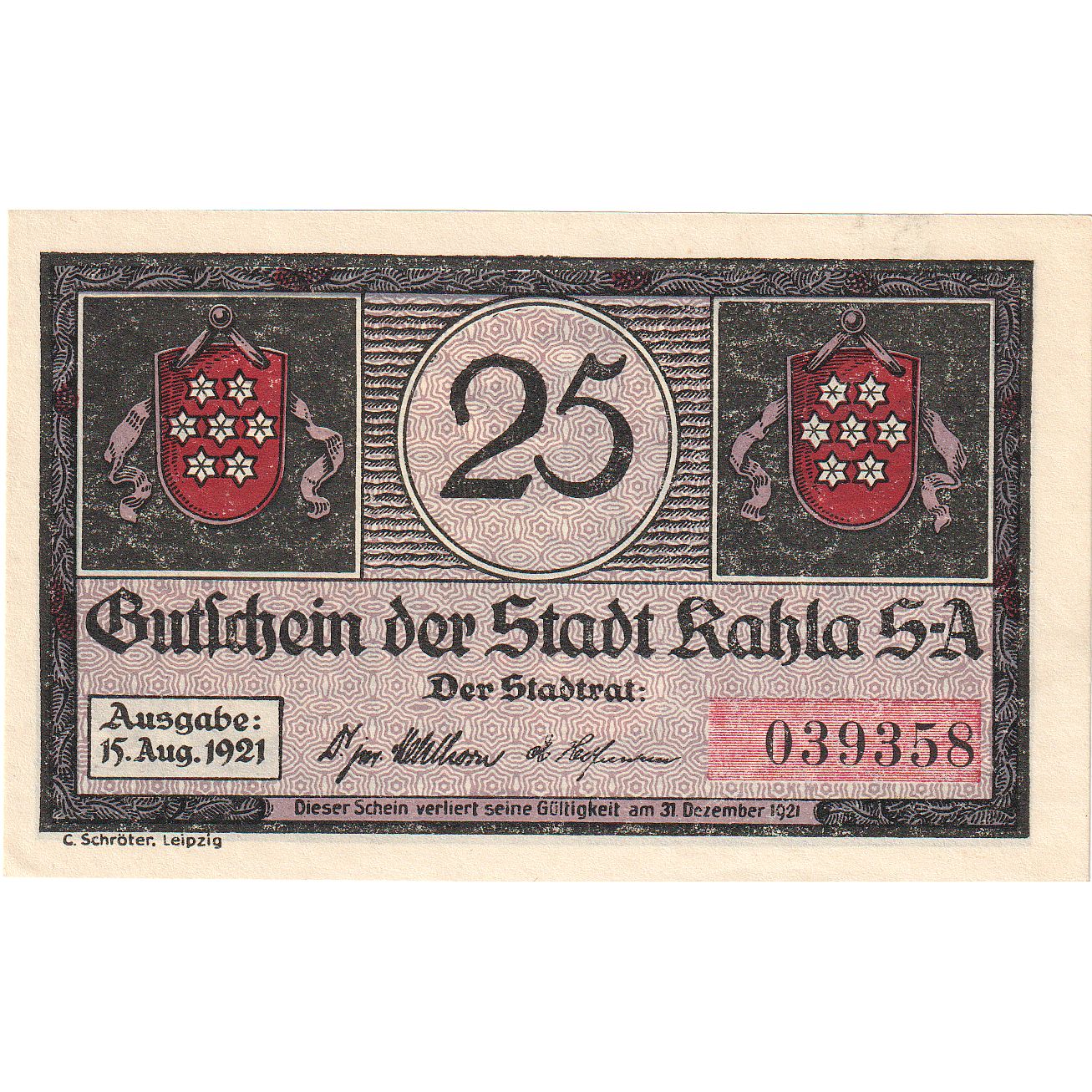 Banconote, Germania, Kahla, 25 Pfennig, personnage, 1921, 1921-08-15, SPL