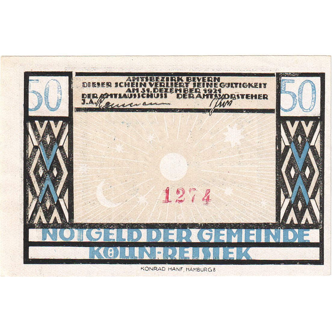 Geldschein, Deutschland, Kölln-Reisiek, 50 Pfennig, gemaux cancer, 1921, UNZ