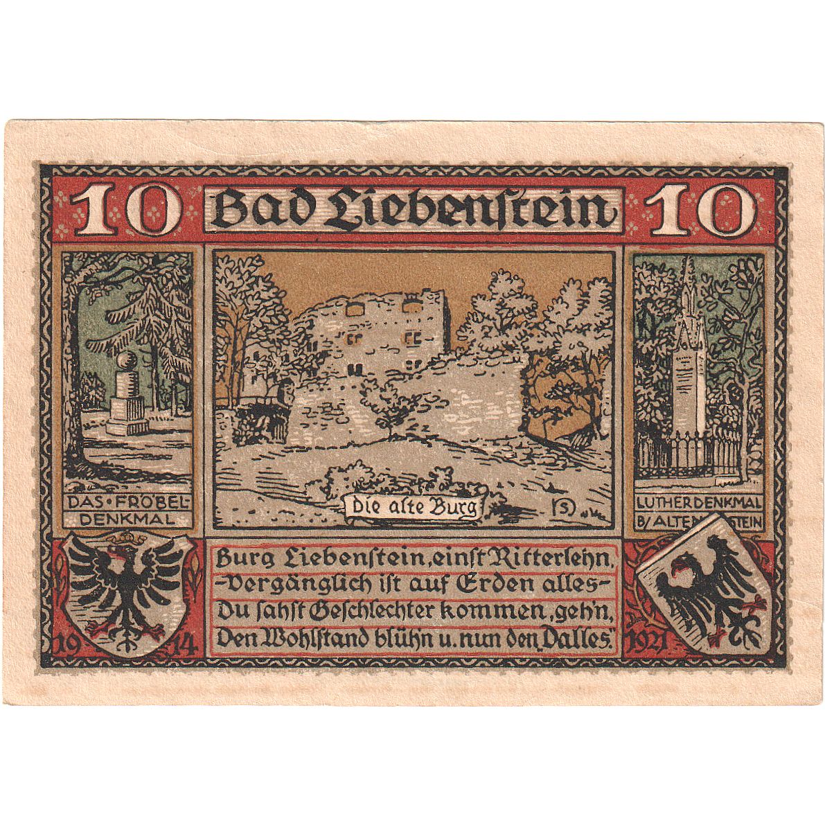 Nota, Alemanha, Liebenstein Bad Gemeinde, 10 Pfennig, Monument, O.D, UNC(63)