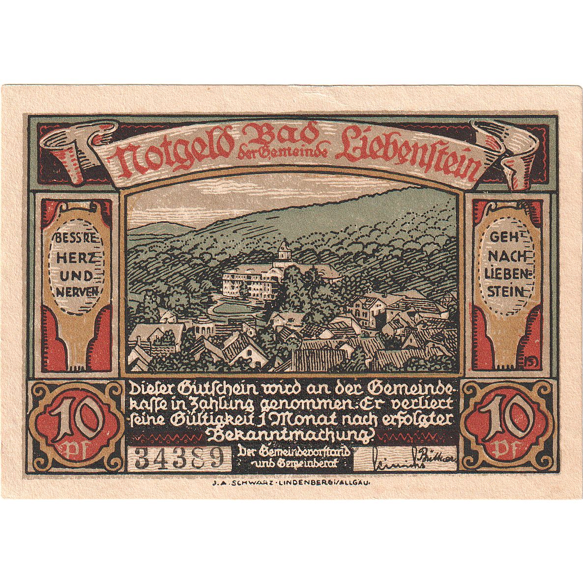 Nota, Alemanha, Liebenstein Bad Gemeinde, 10 Pfennig, Monument, O.D, UNC(63)