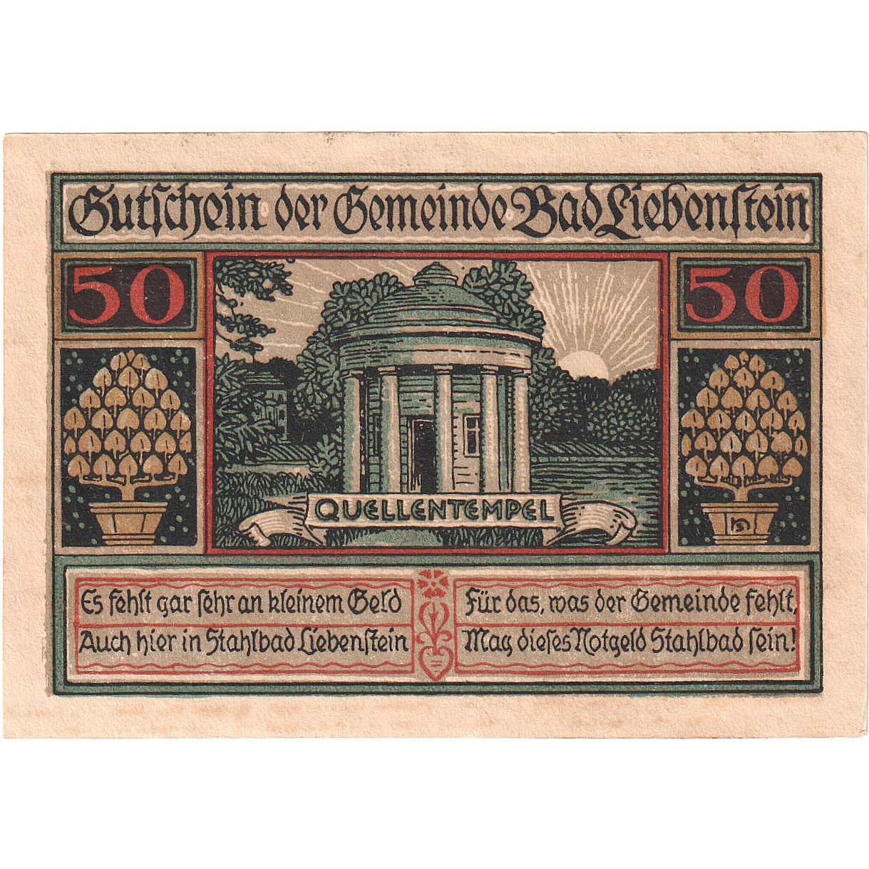 Banconote, Germania, Liebenstein Bad Gemeinde, 50 Pfennig, paysage, O.D, SPL