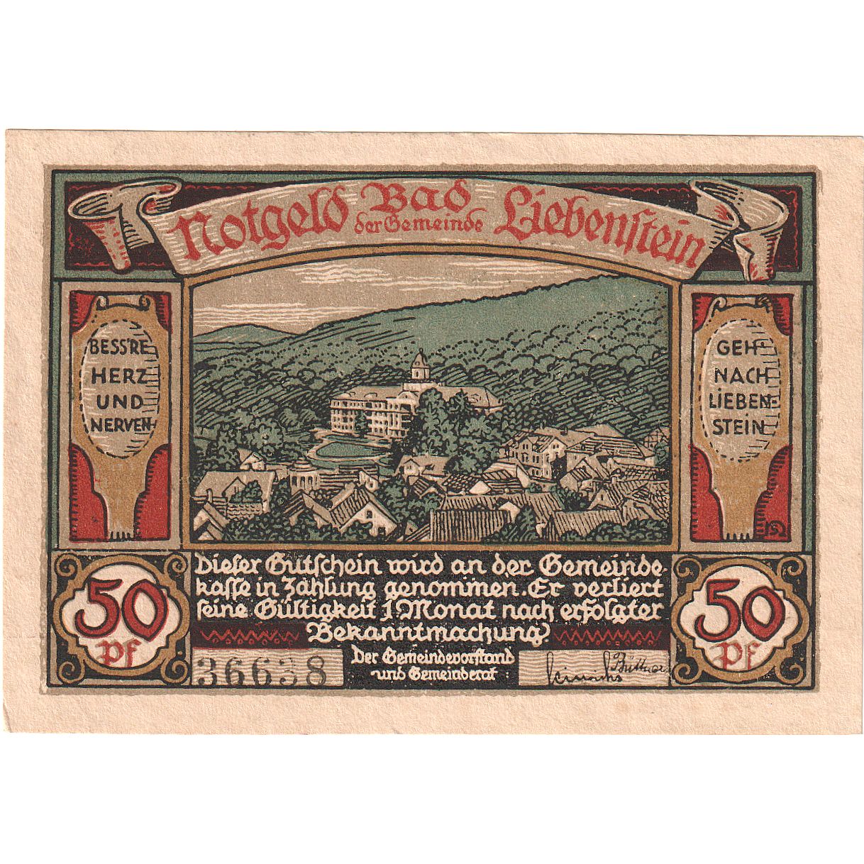 Banconote, Germania, Liebenstein Bad Gemeinde, 50 Pfennig, paysage, O.D, SPL