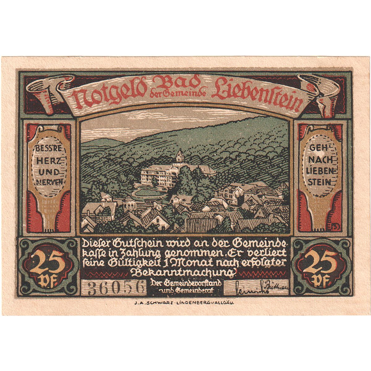 Geldschein, Deutschland, Liebenstein Bad Gemeinde, 25 Pfennig, paysage, O.D