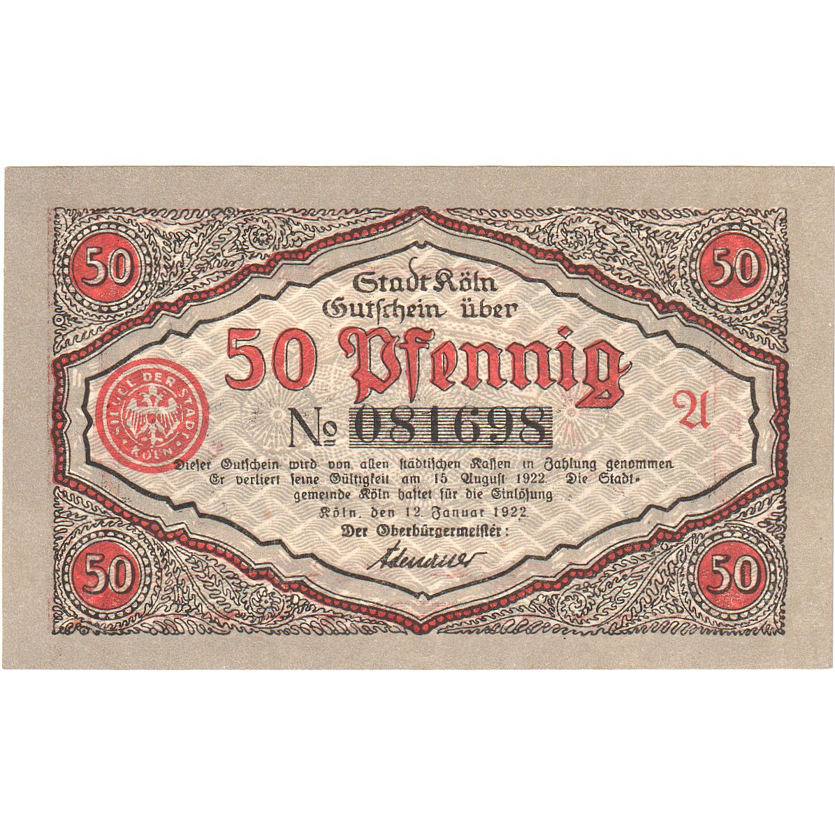 Banknot, Niemcy, Köln, 50 Pfennig, soldat, 1922, 1922-01-12, UNC(65-70)
