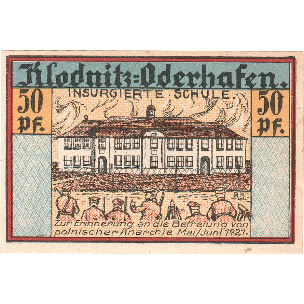 Banknot, Niemcy, Klodnitz-Oderhafen Gemeinde, 50 Pfennig, personnage, 1921