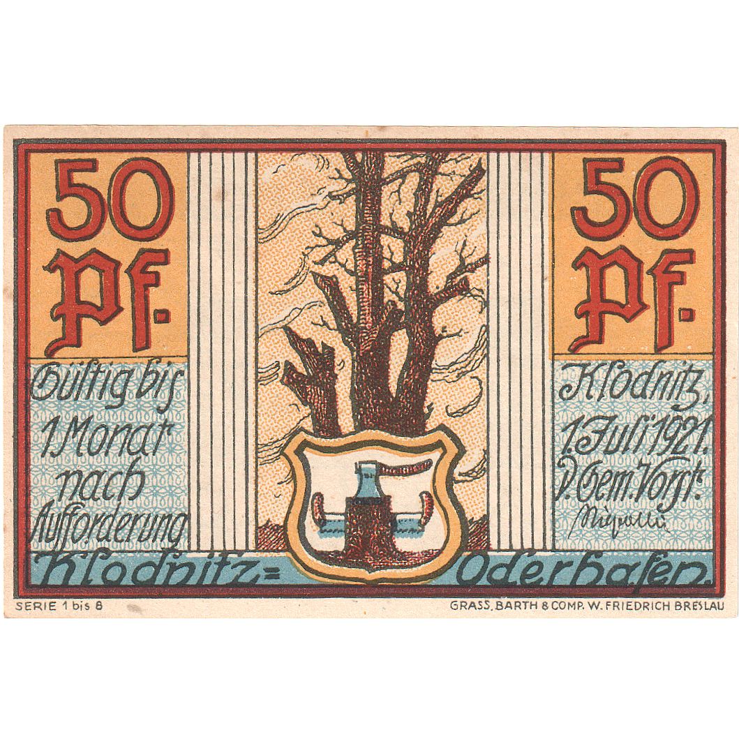 Geldschein, Deutschland, Klodnitz-Oderhafen Gemeinde, 50 Pfennig, Usine, 1921