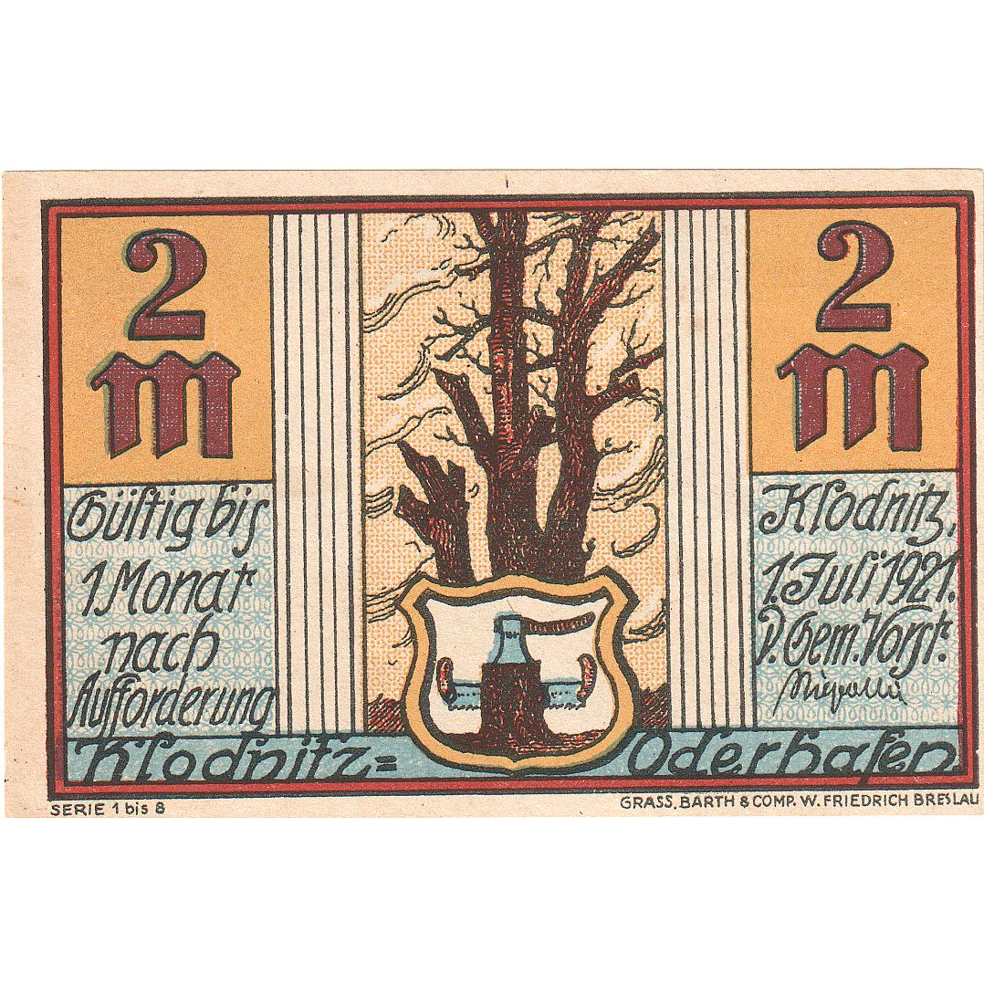 Geldschein, Deutschland, Klodnitz-Oderhafen Gemeinde, 2 Mark, paysage, 1921