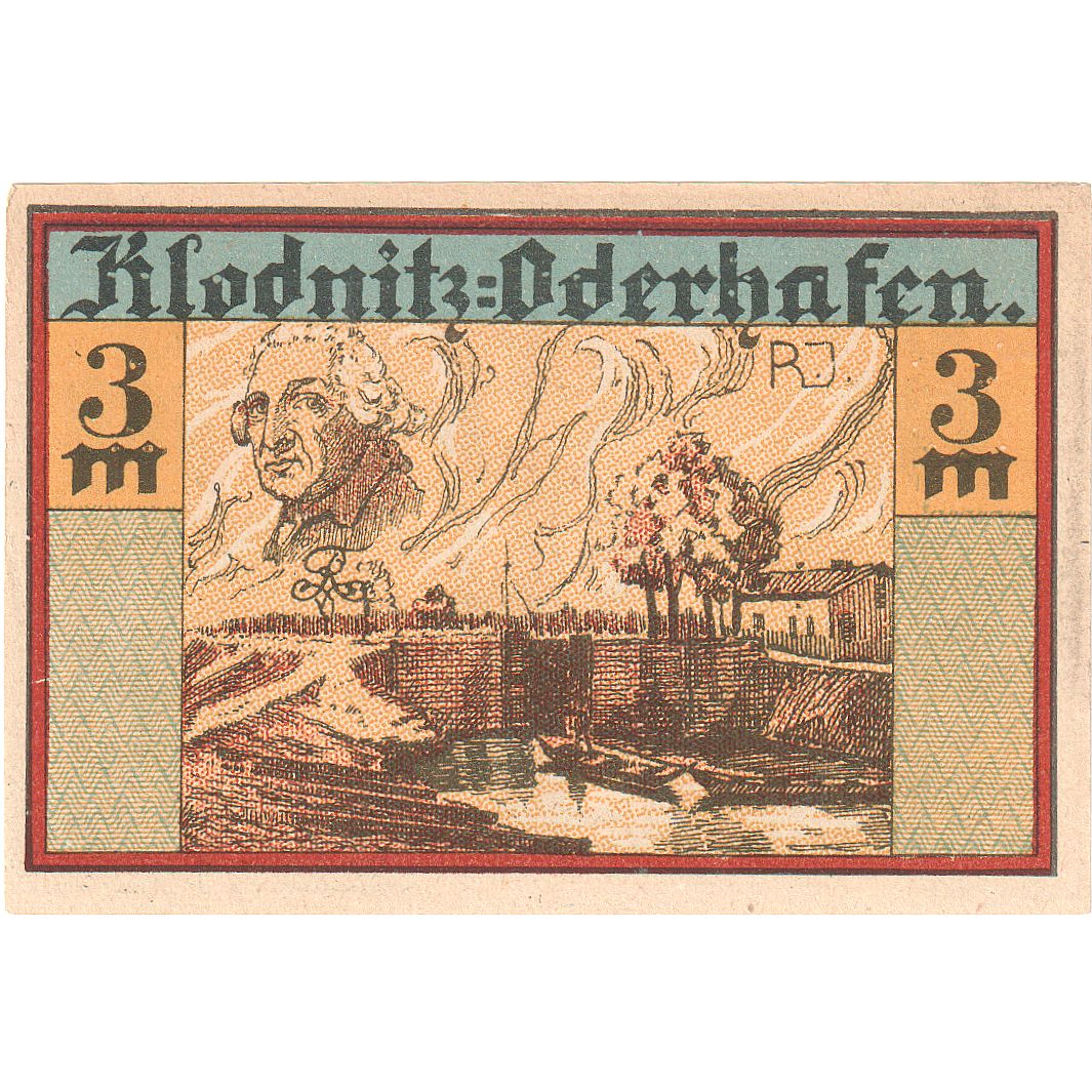 Banconote, Germania, Klodnitz-Oderhafen Gemeinde, 3 Mark, paysage, 1921