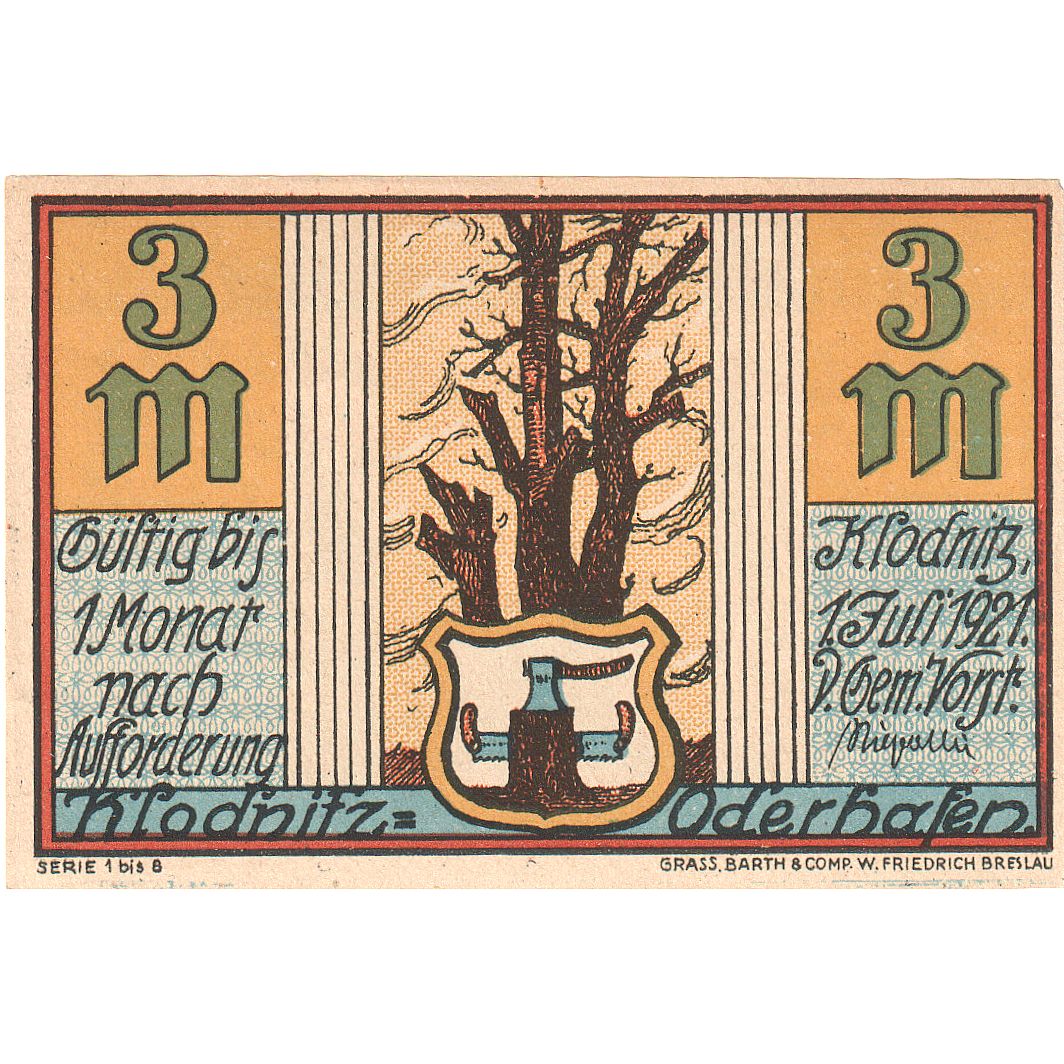 Banconote, Germania, Klodnitz-Oderhafen Gemeinde, 3 Mark, paysage, 1921