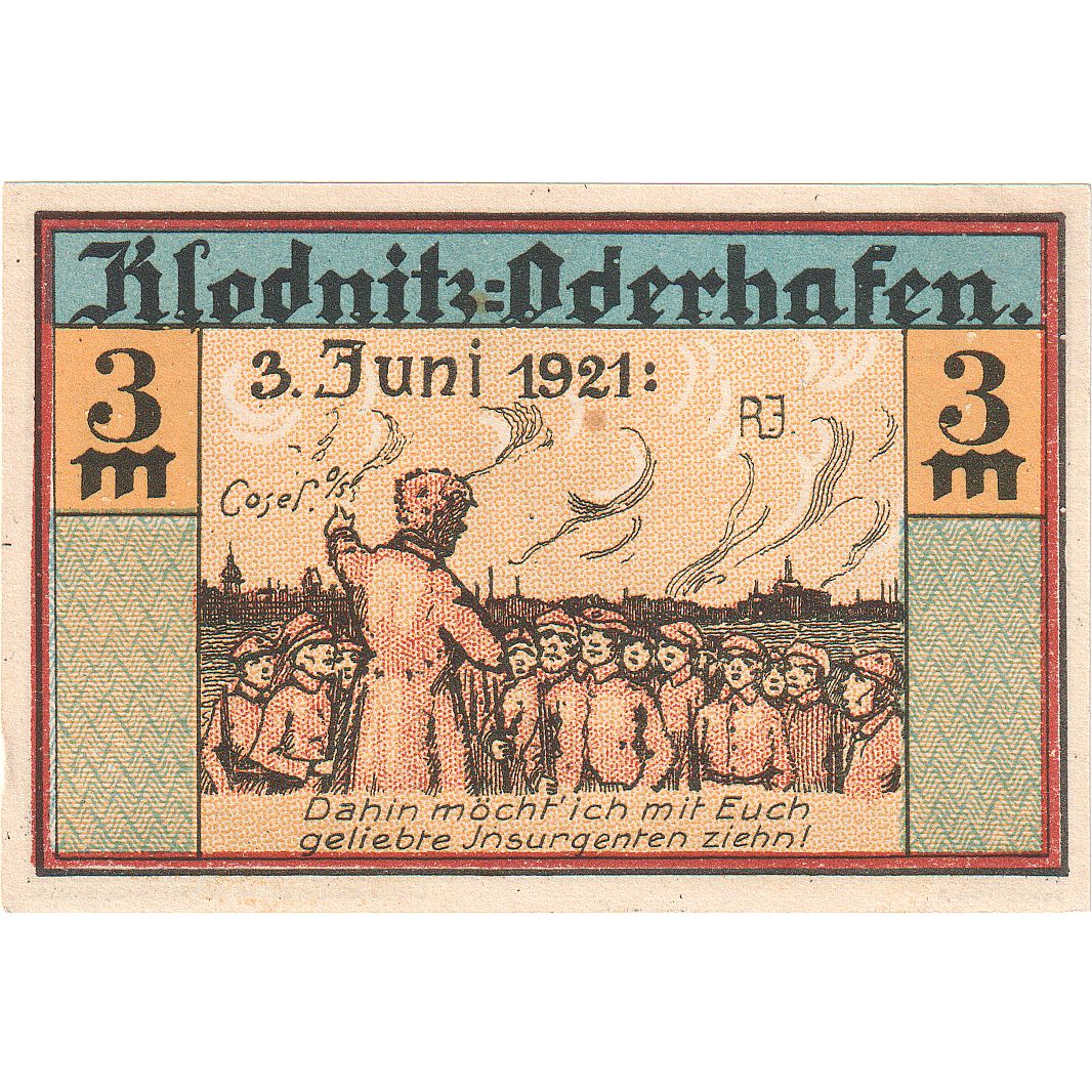 Geldschein, Deutschland, Klodnitz-Oderhafen Gemeinde, 3 Mark, personnage, 1921