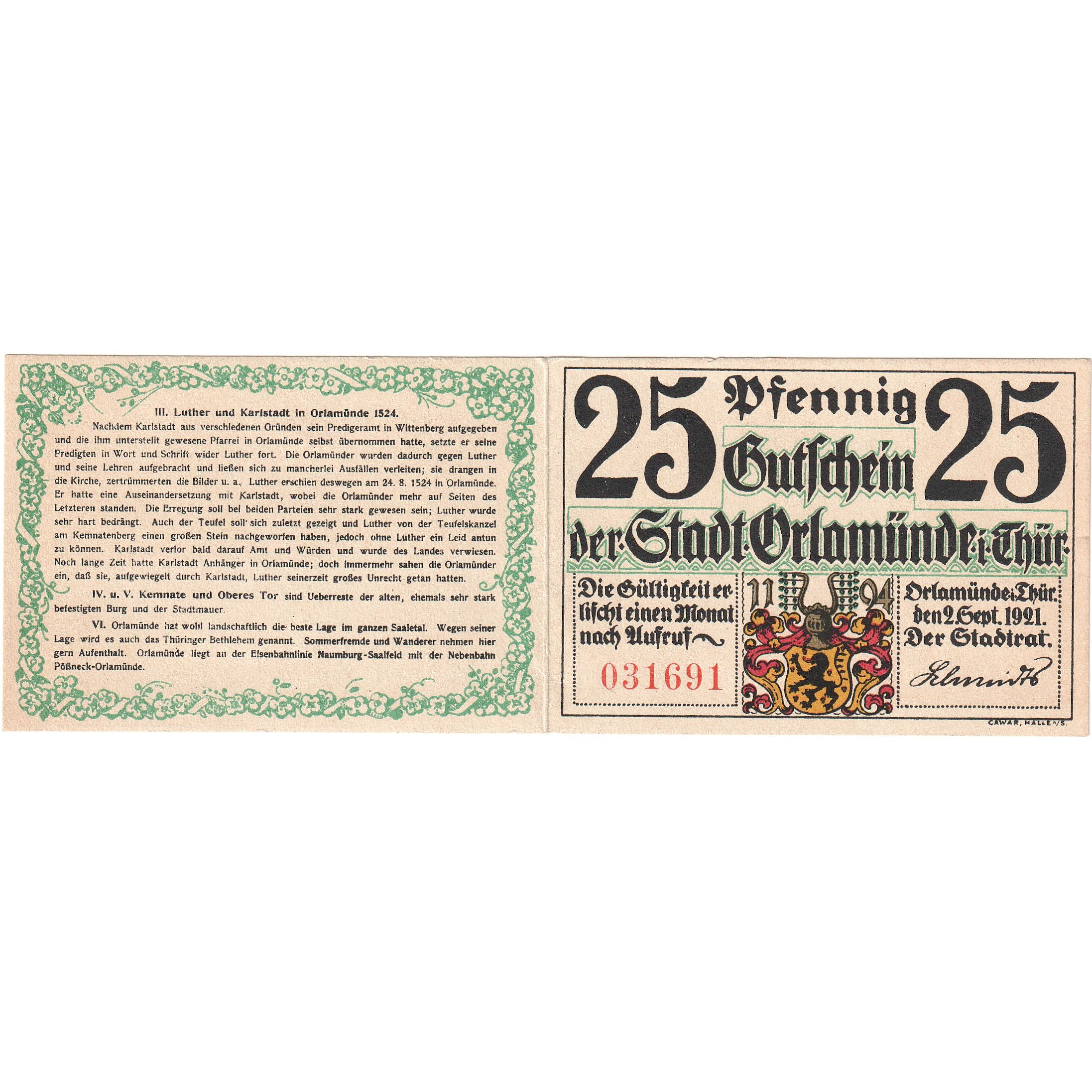 Banknot, Niemcy, Orlamunde Stadt, 25 Pfennig, Texte, 1921, 1921-09-02