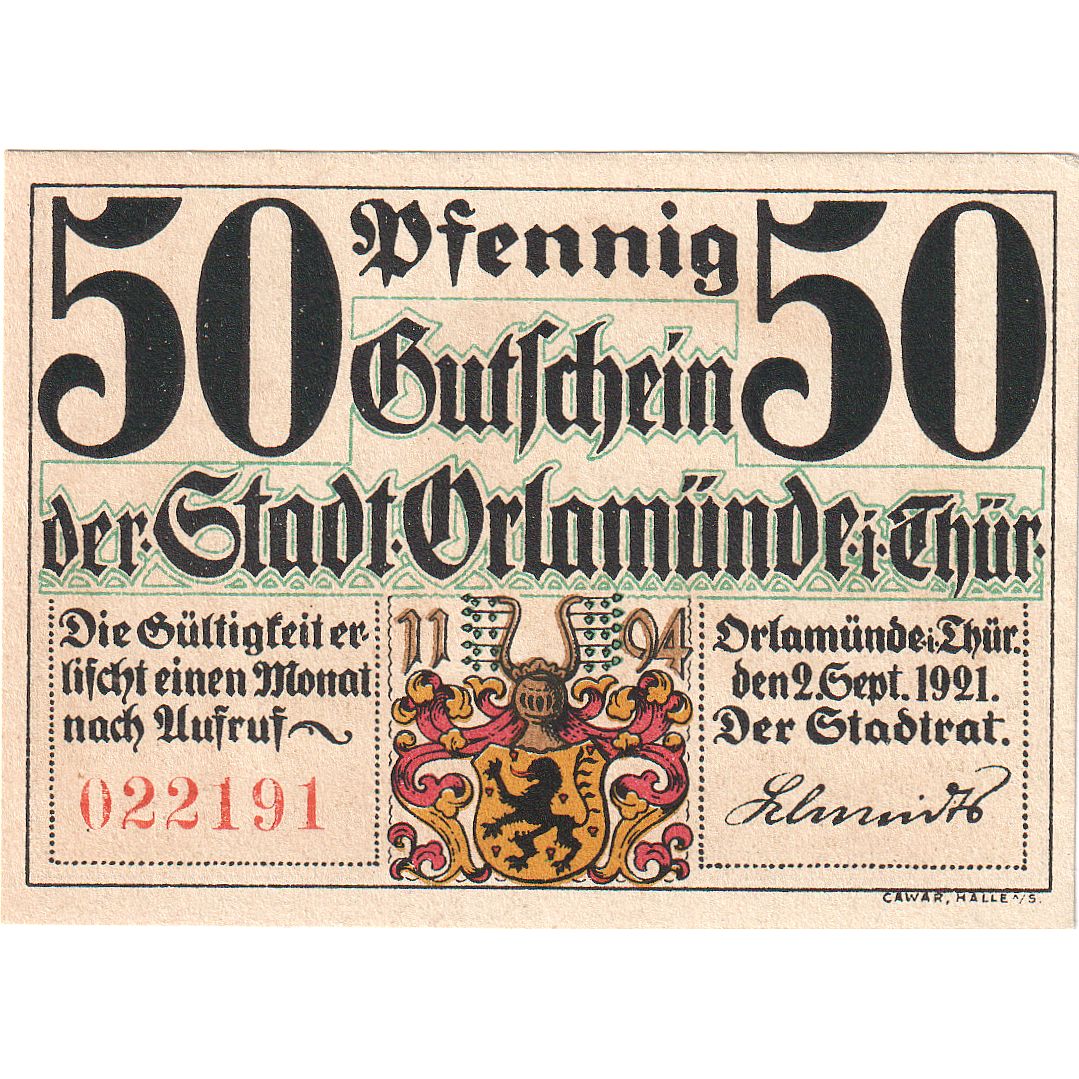Banknot, Niemcy, Orlamunde Stadt, 50 Pfennig, Maison, 1921, 1921-09-02