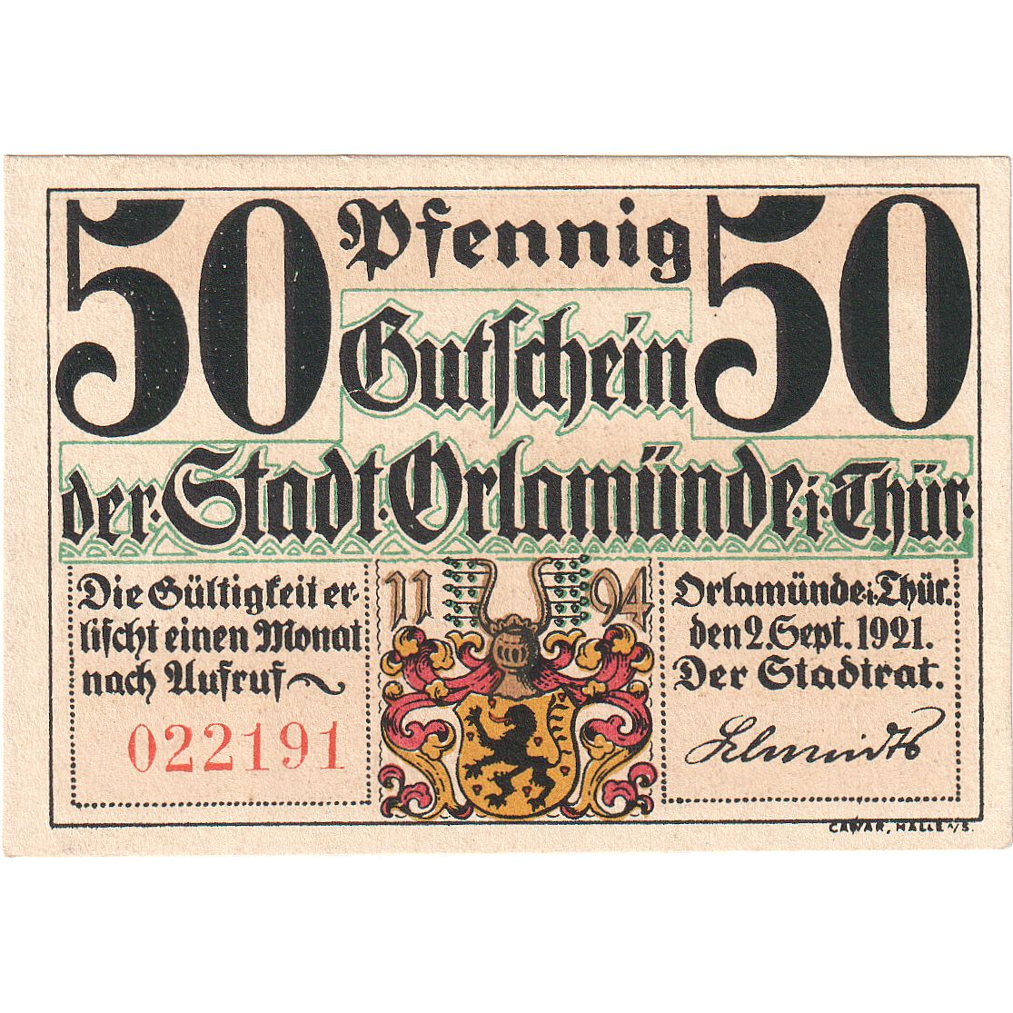 Geldschein, Deutschland, Orlamunde Stadt, 50 Pfennig, paysage, 1921, 1921-09-02